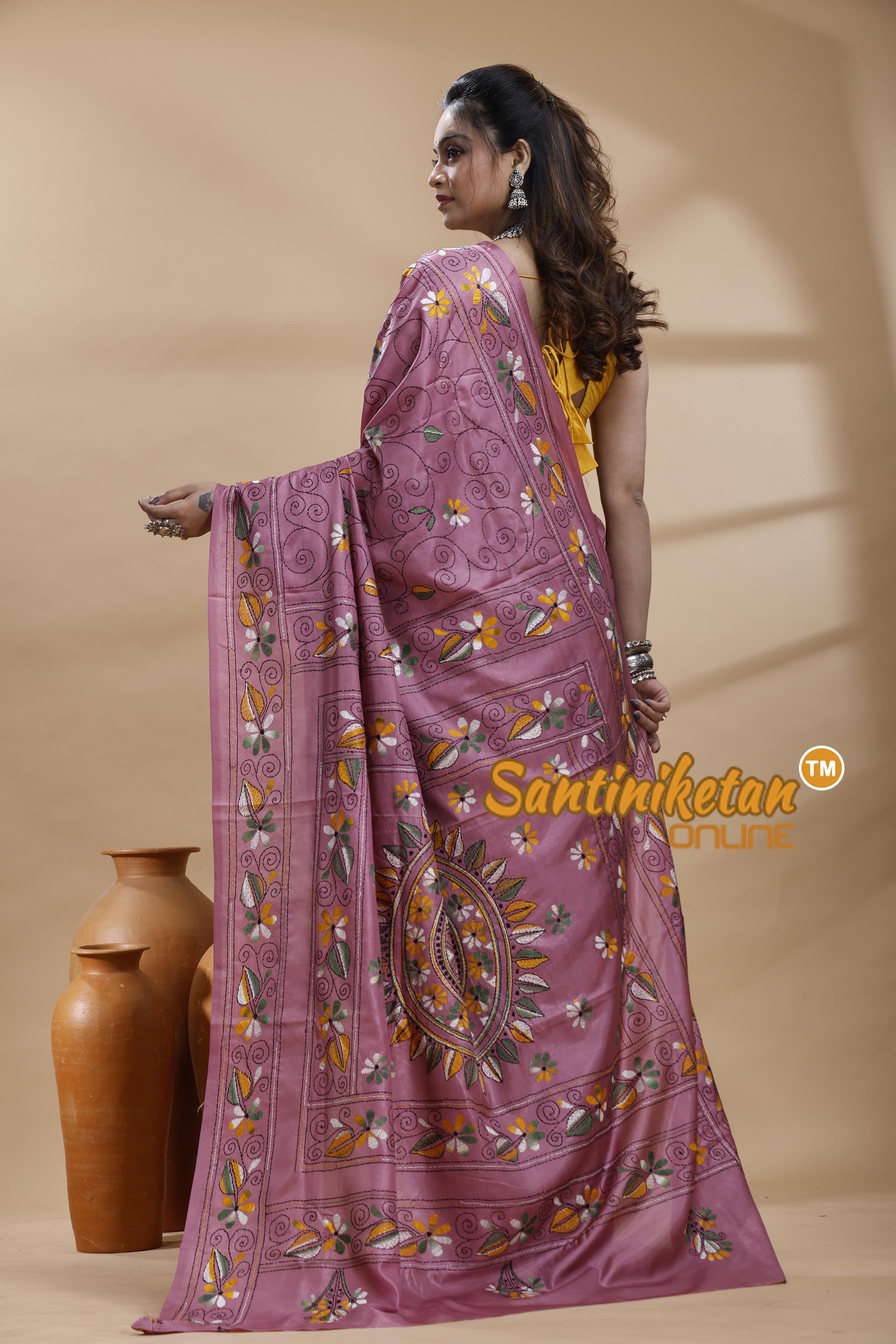 Bangalore Silk Kantha Stitch Saree