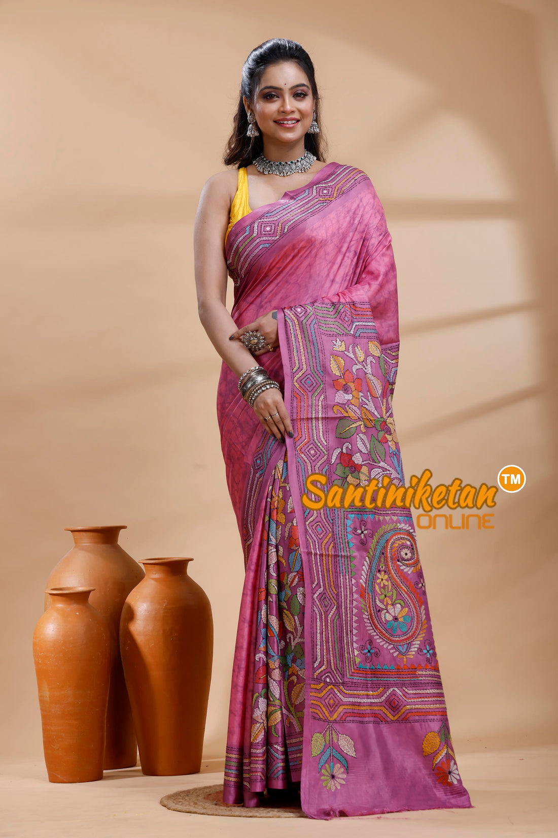 Bangalore Silk Batik Kantha Stitch Saree