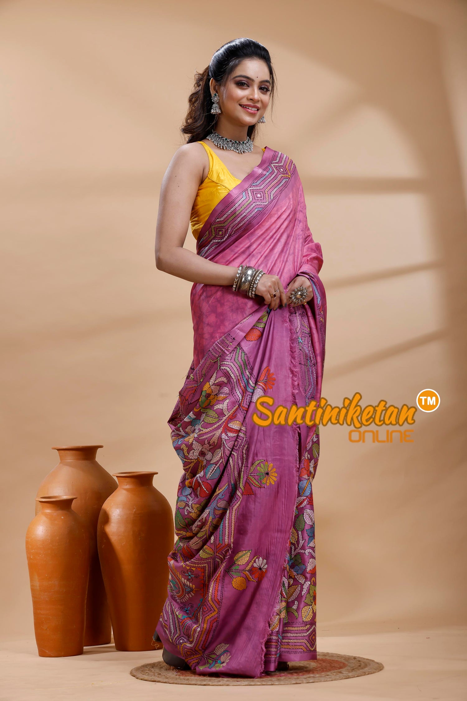 Bangalore Silk Batik Kantha Stitch Saree