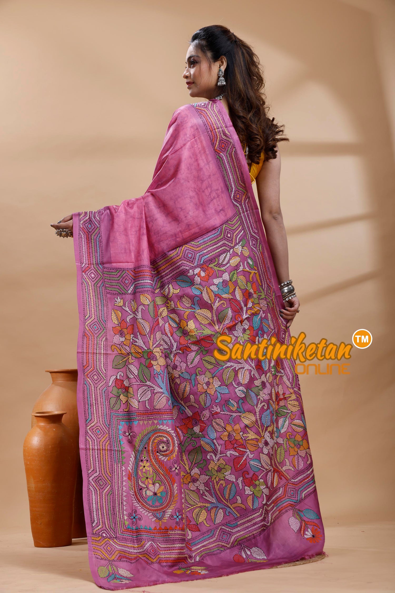 Bangalore Silk Batik Kantha Stitch Saree