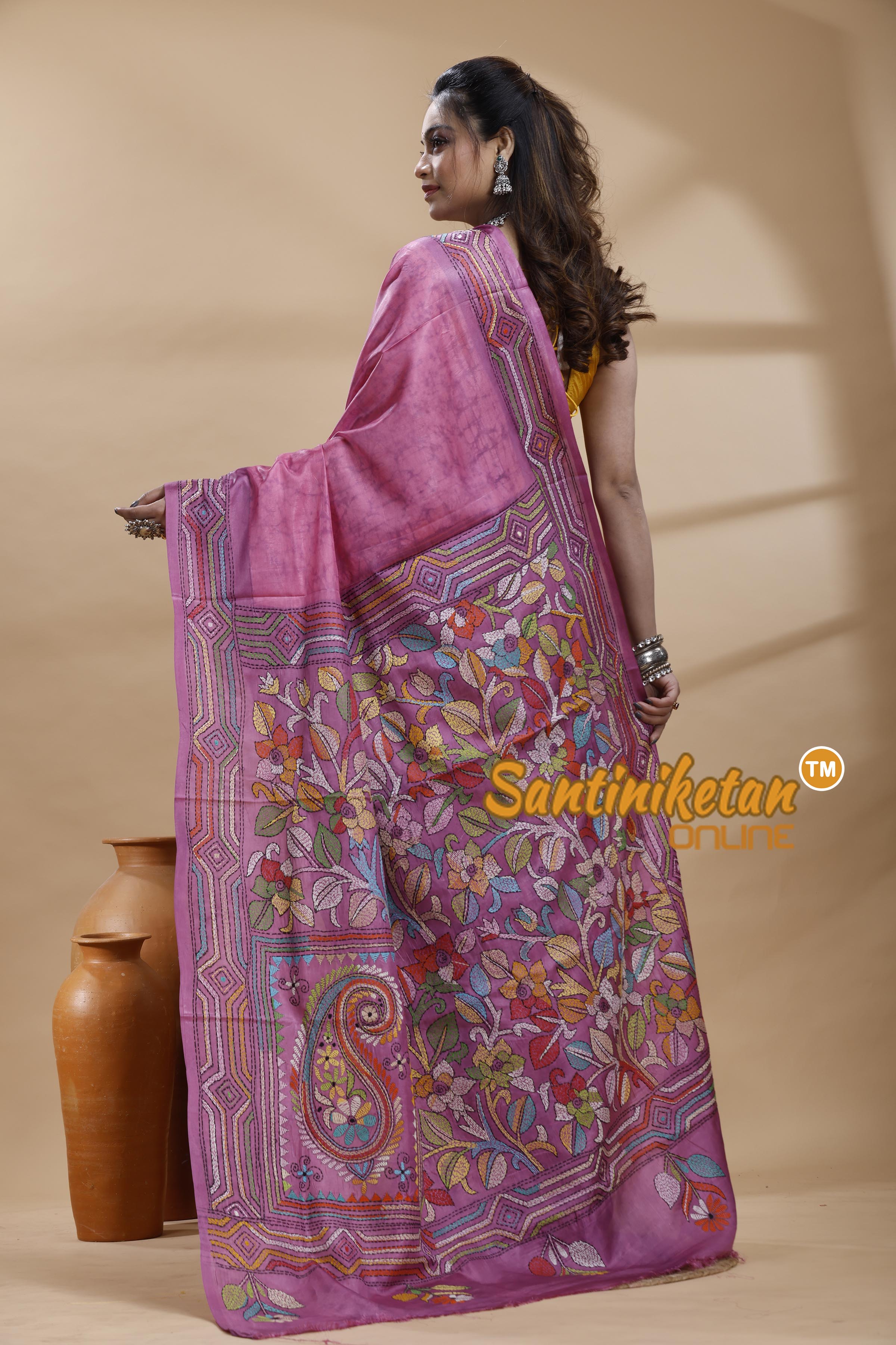 Bangalore Silk Batik Kantha Stitch Saree