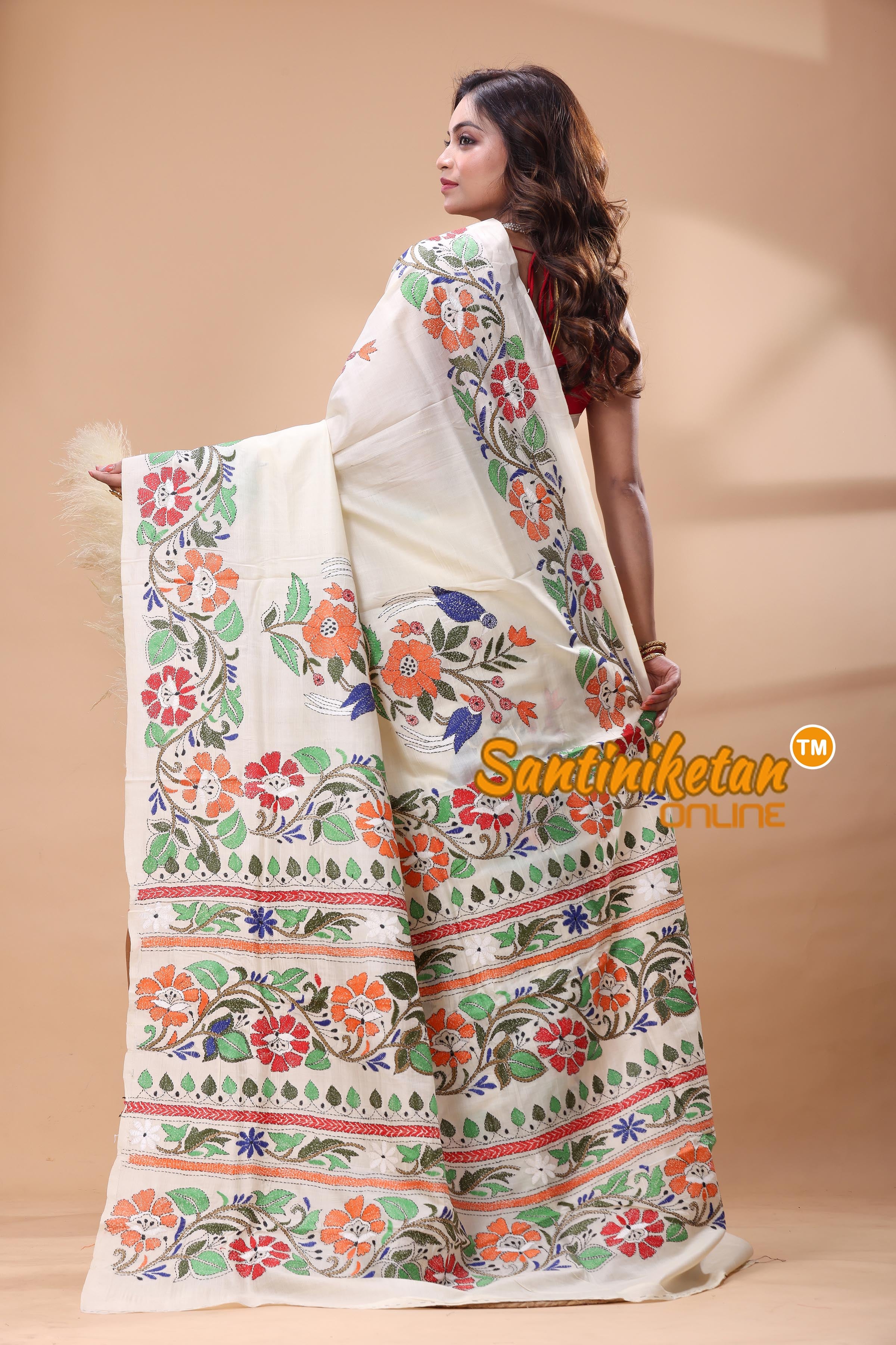 Tussar Silk Kantha Stitch Saree