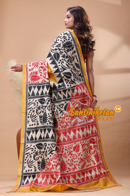 Dye Pure Gachi Tussar Silk Kantha Stitch Saree