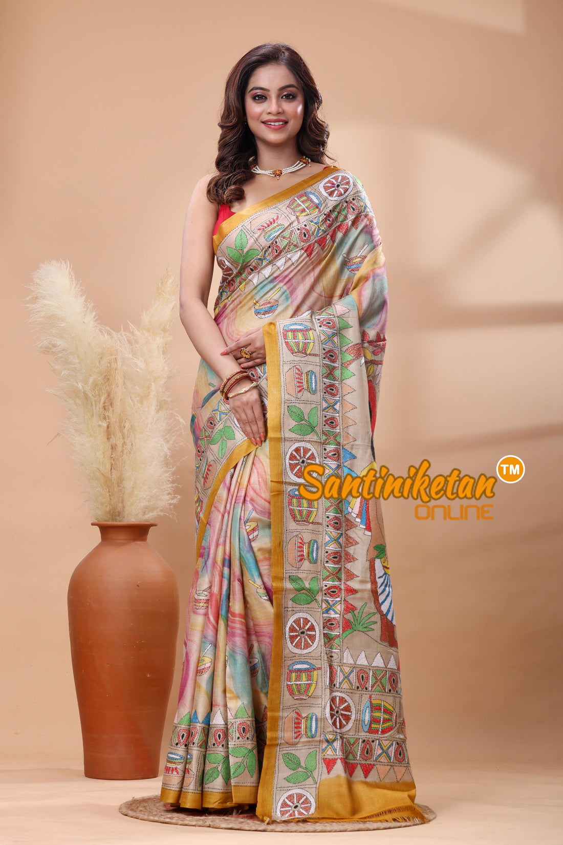 Pure Gachi Tussar Silk Kantha Stitch Saree