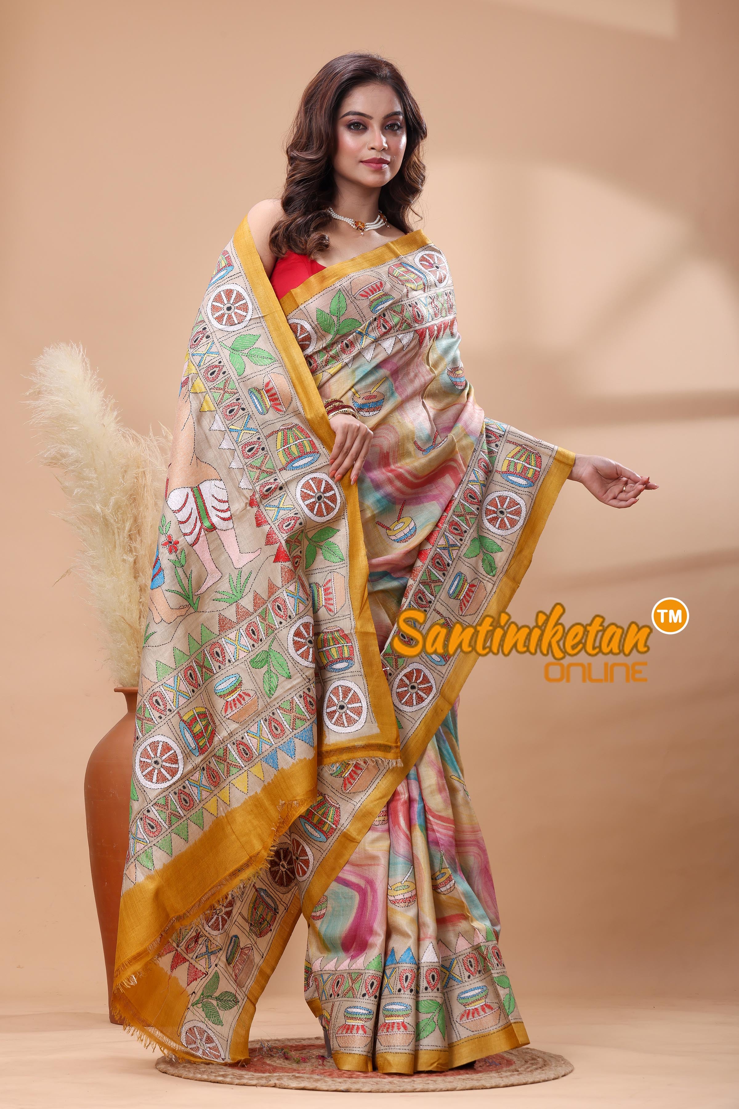Pure Gachi Tussar Silk Kantha Stitch Saree