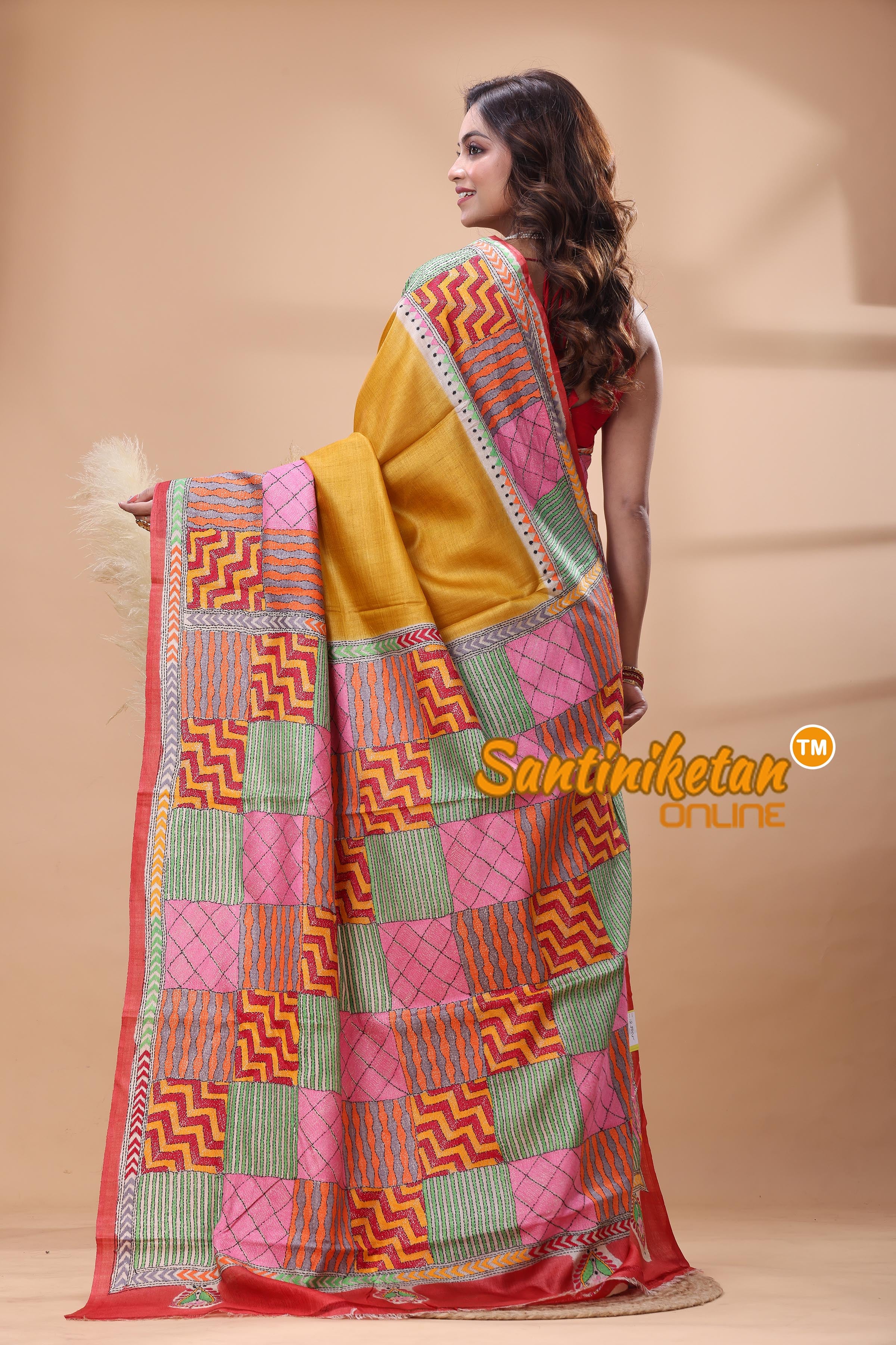 Dye Pure Gachi Tussar Silk Kantha Stitch Saree