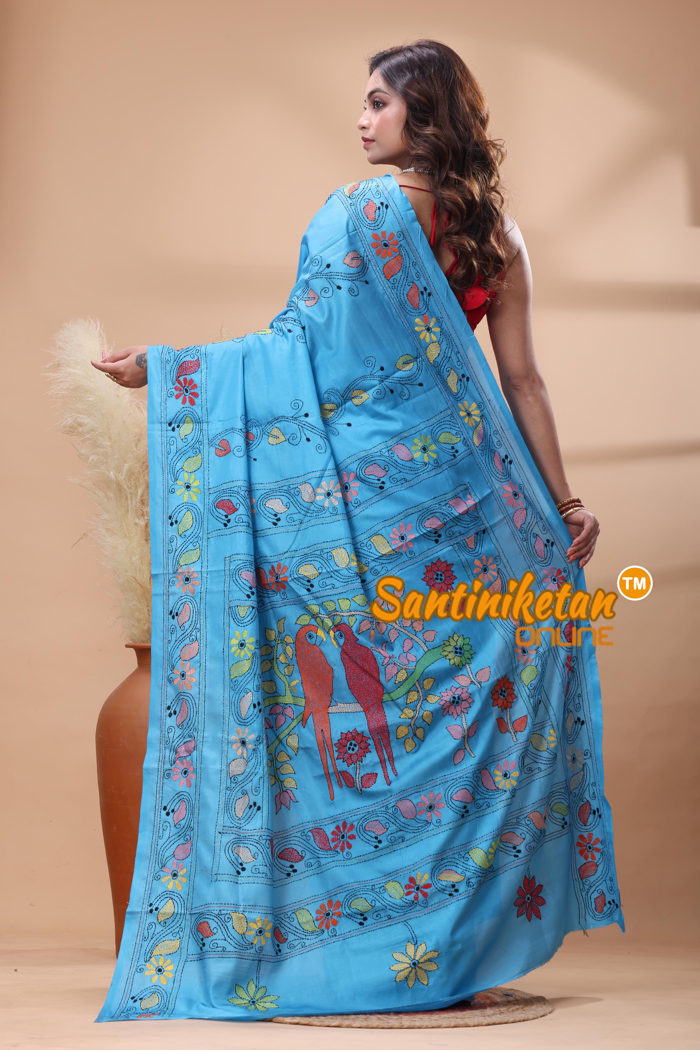 Bangalore Silk Kantha Stitch Saree