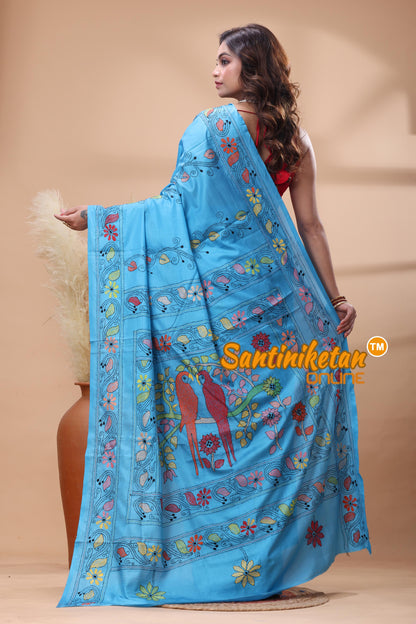 Bangalore Silk Kantha Stitch Saree