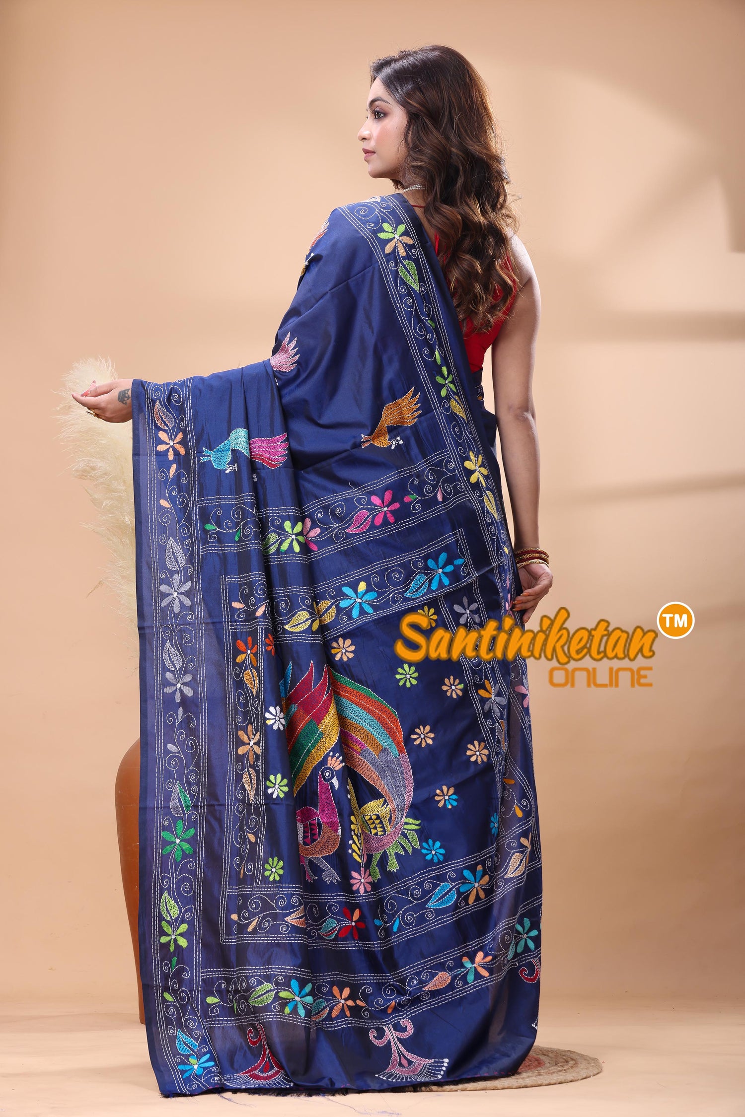 Bangalore Silk Kantha Stitch Saree