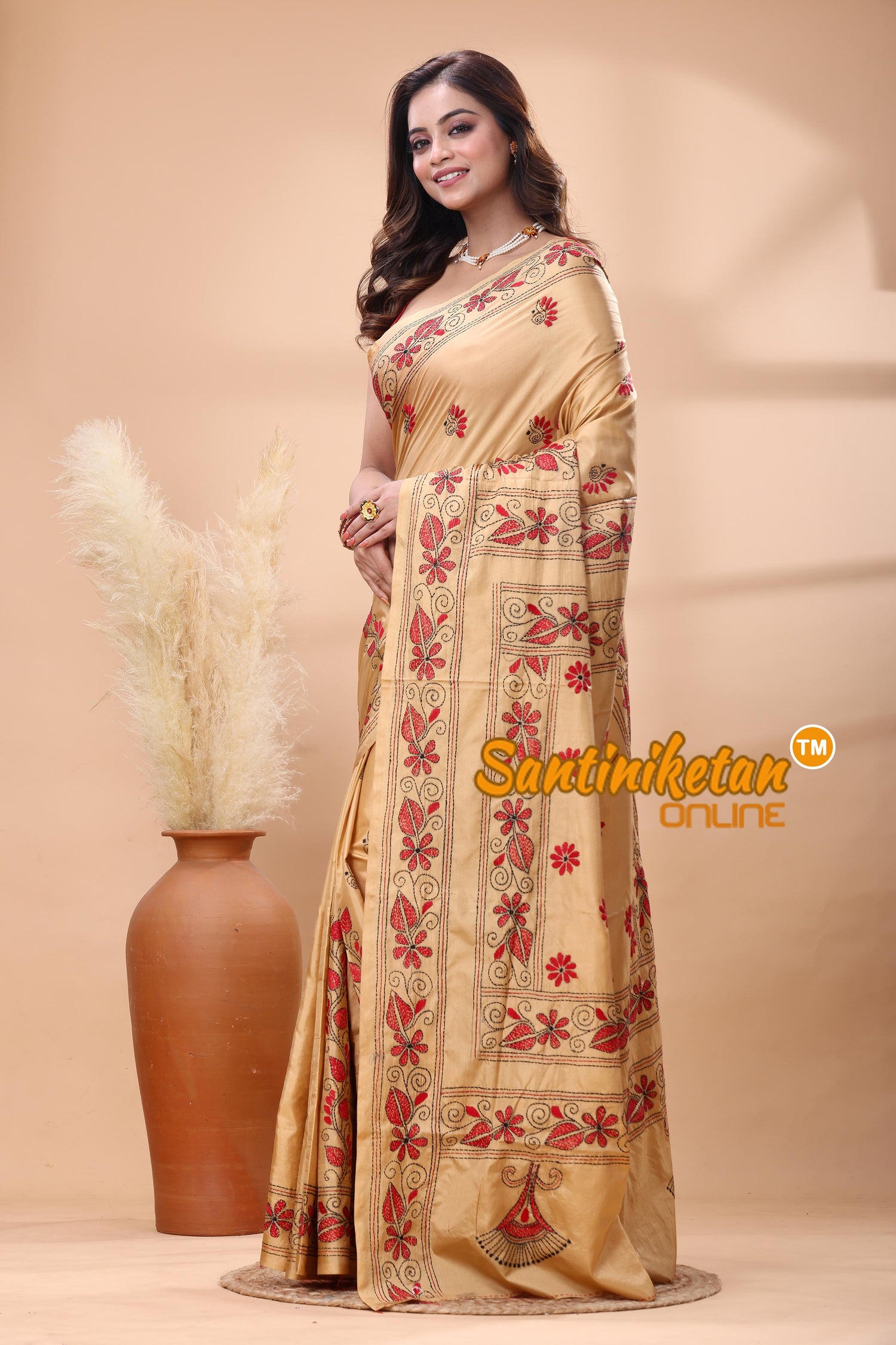 Bangalore Silk Kantha Stitch Saree