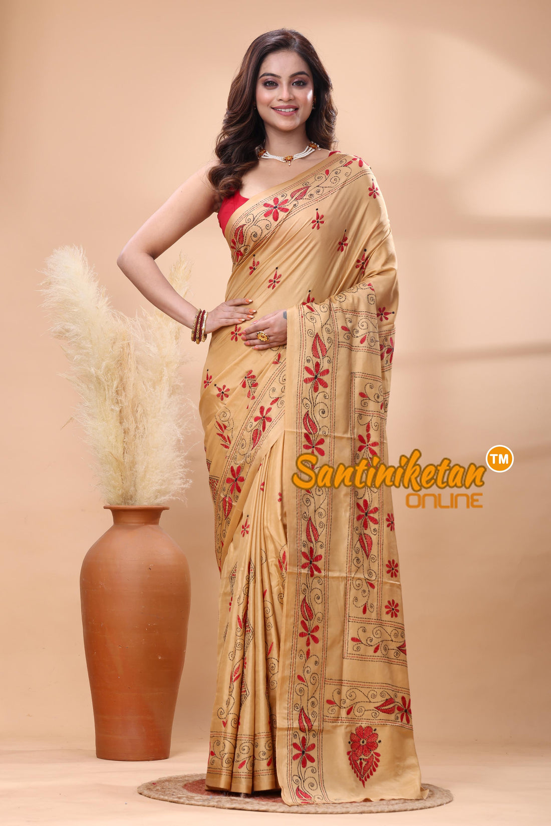 Bangalore Silk Kantha Stitch Saree