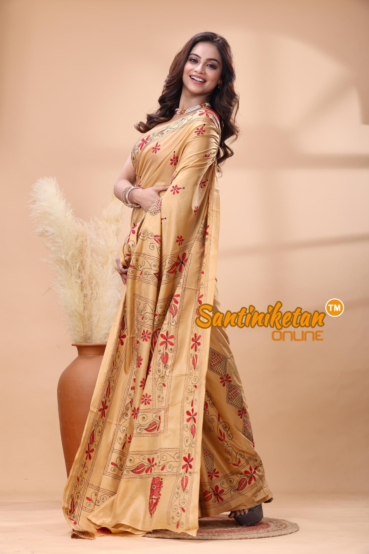 Bangalore Silk Kantha Stitch Saree