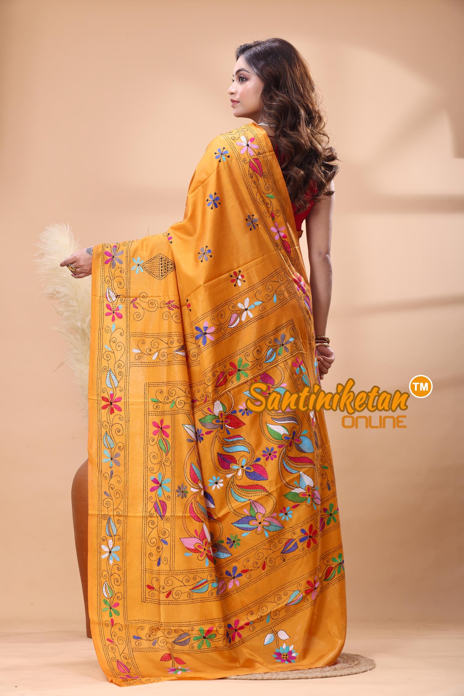 Bangalore Silk Kantha Stitch Saree