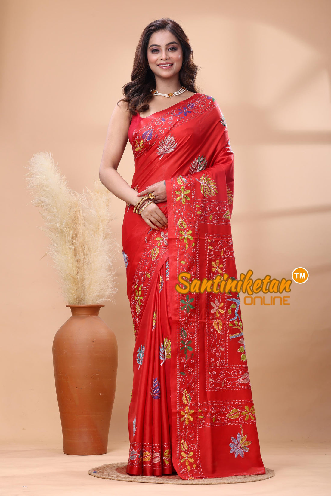 Bangalore Silk Kantha Stitch Saree