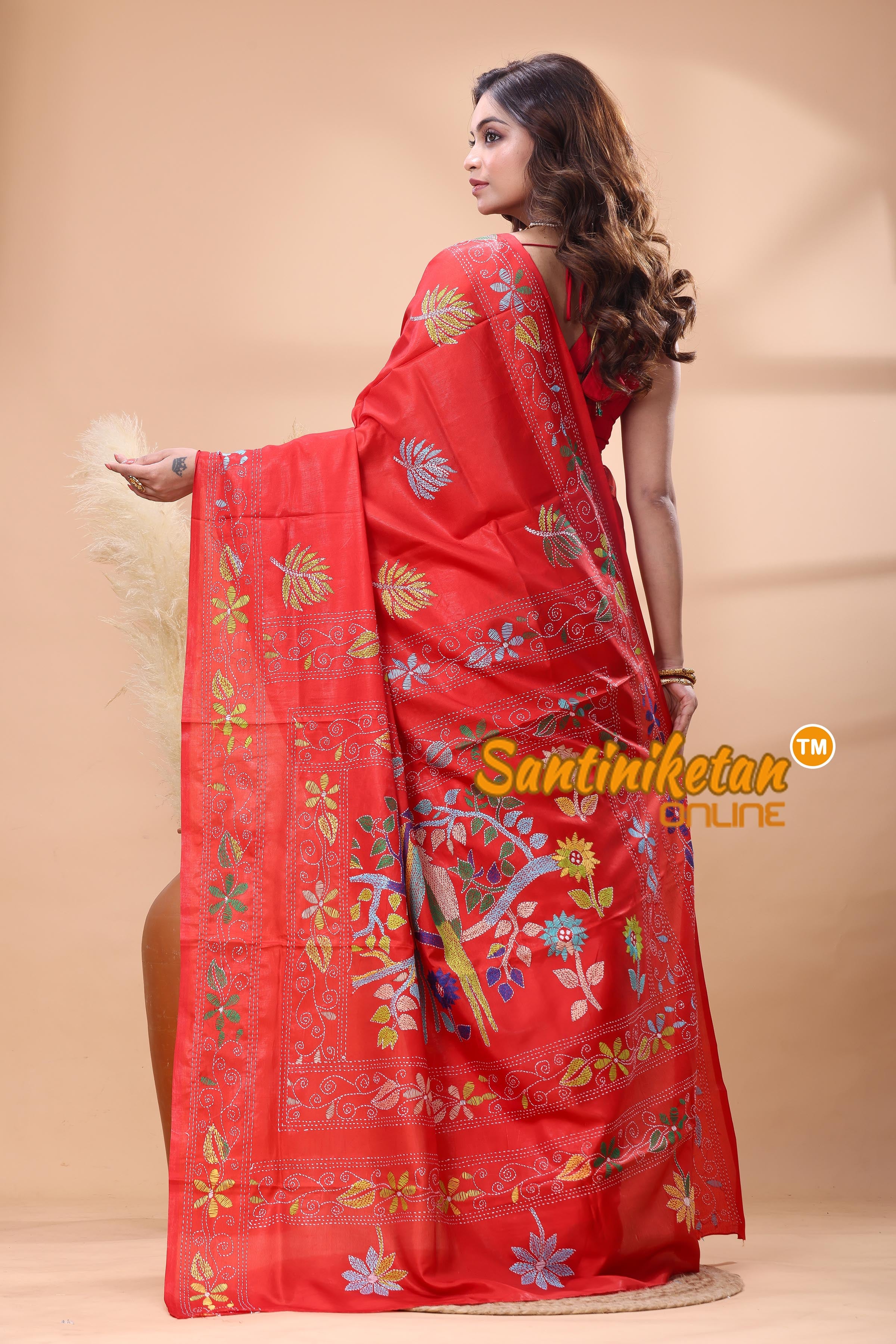 Bangalore Silk Kantha Stitch Saree