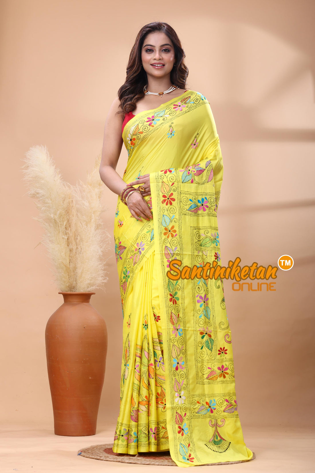 Bangalore Silk Kantha Stitch Saree