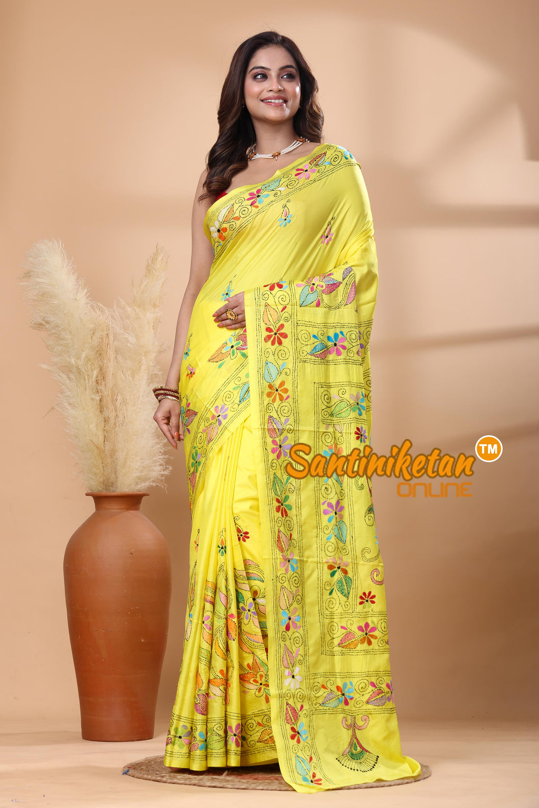 Bangalore Silk Kantha Stitch Saree