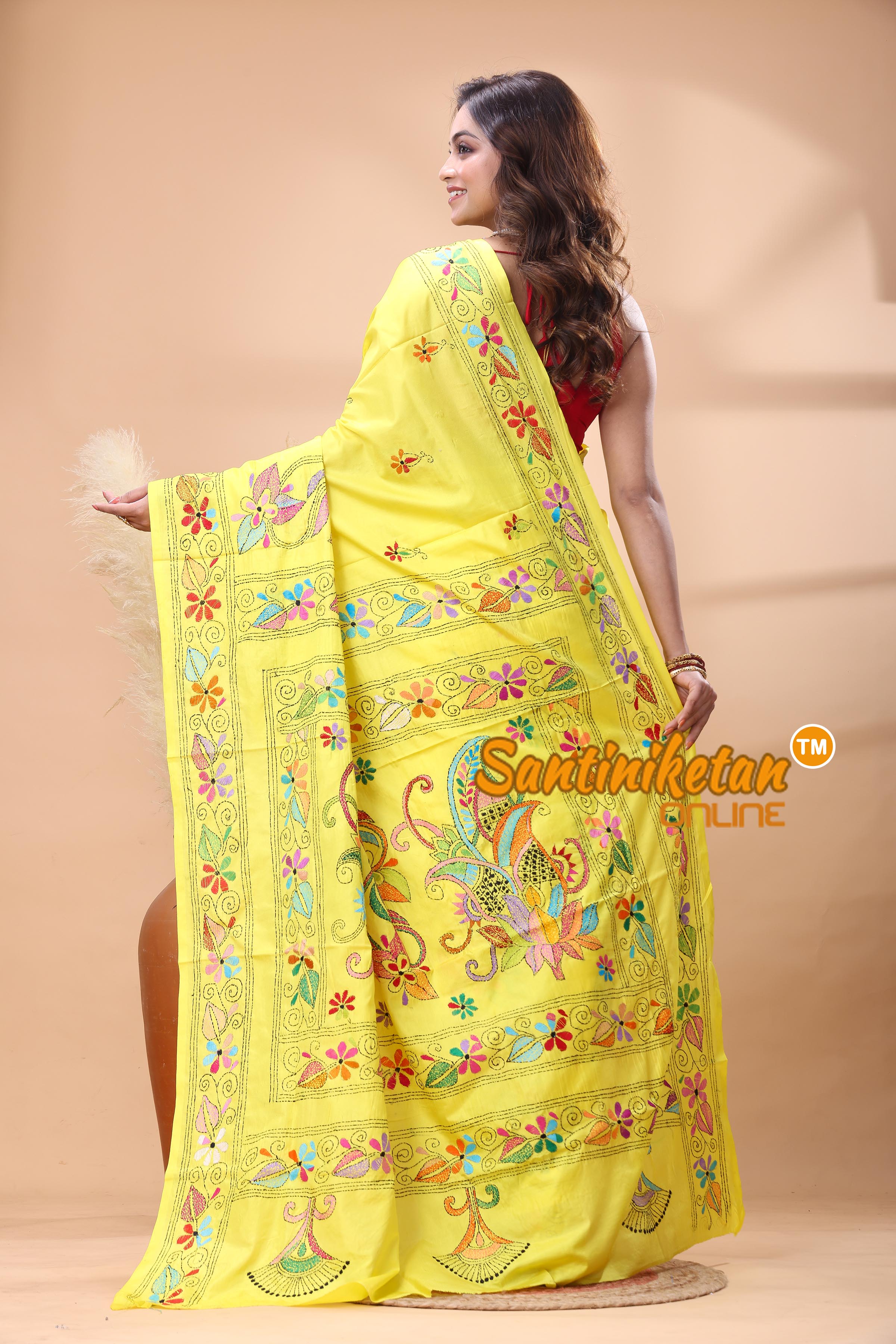 Bangalore Silk Kantha Stitch Saree