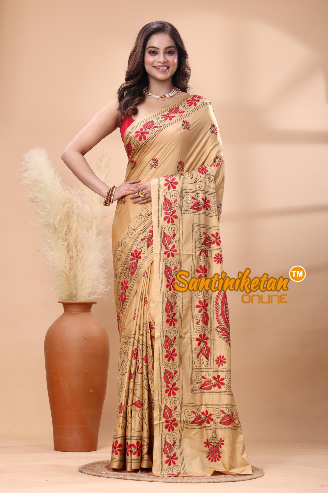 Bangalore Silk Kantha Stitch Saree