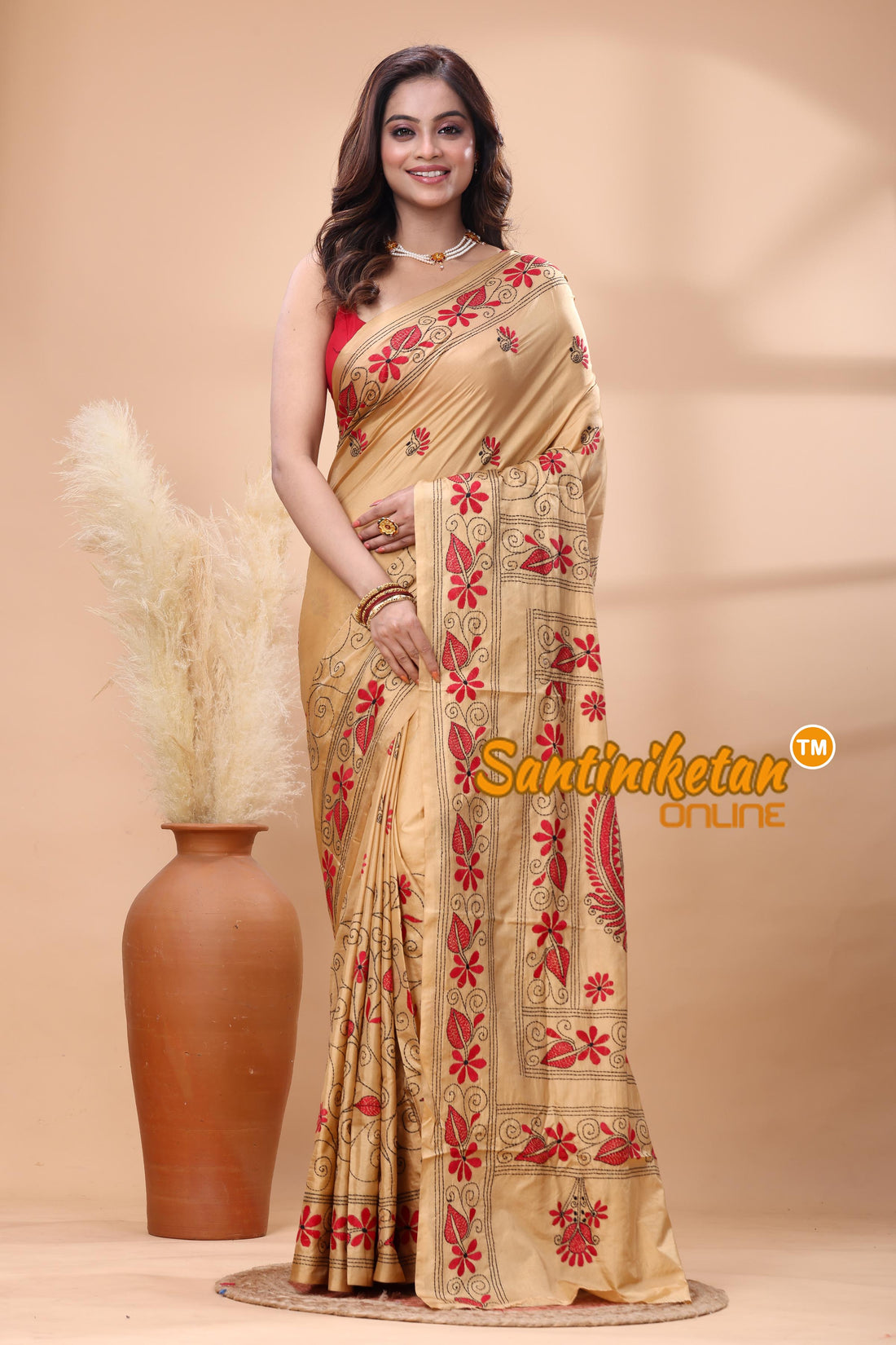 Bangalore Silk Kantha Stitch Saree