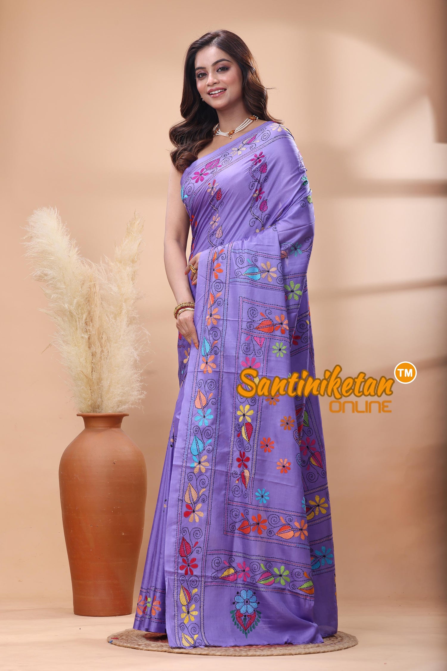 Bangalore Silk Kantha Stitch Saree