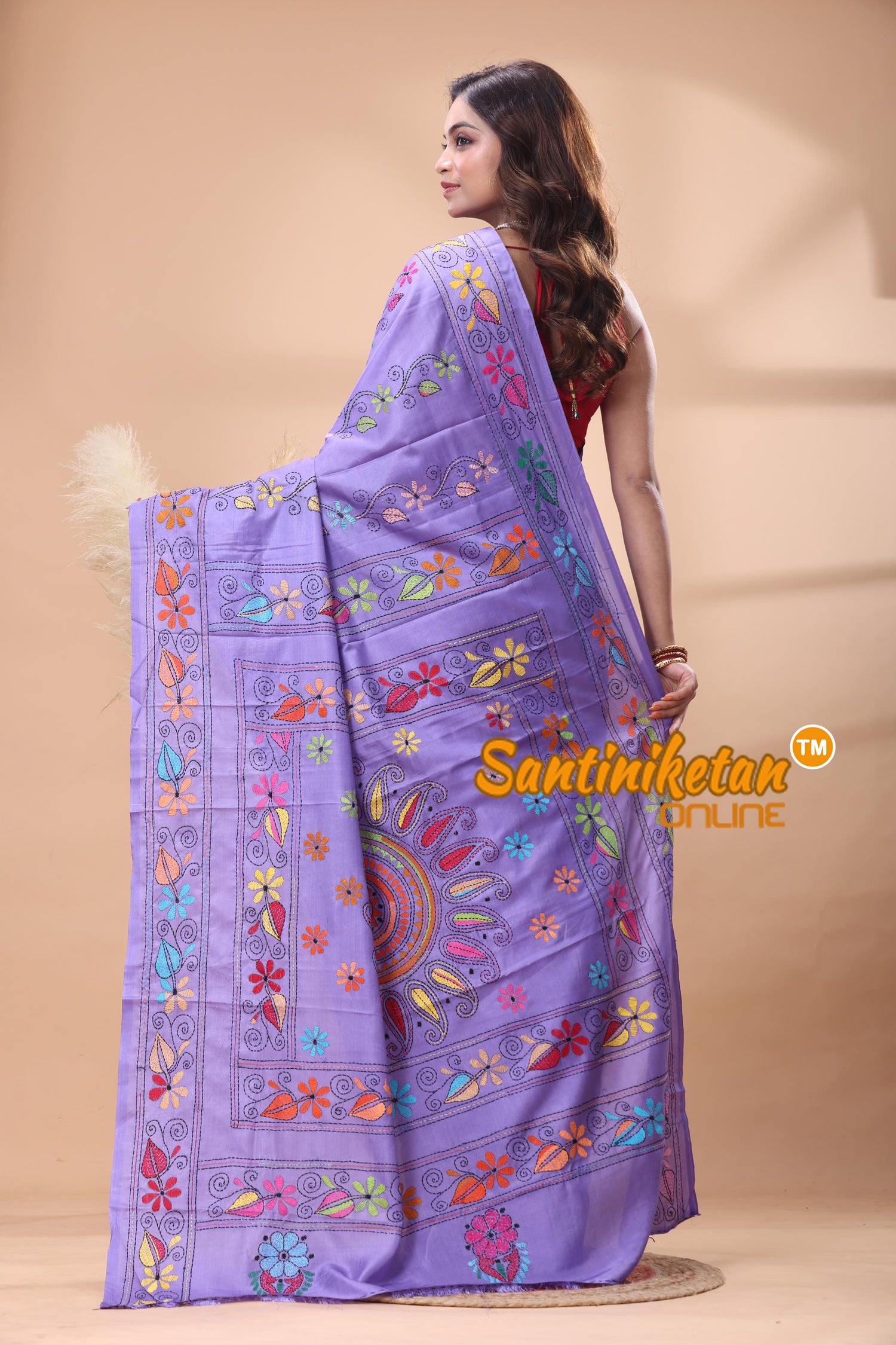 Bangalore Silk Kantha Stitch Saree