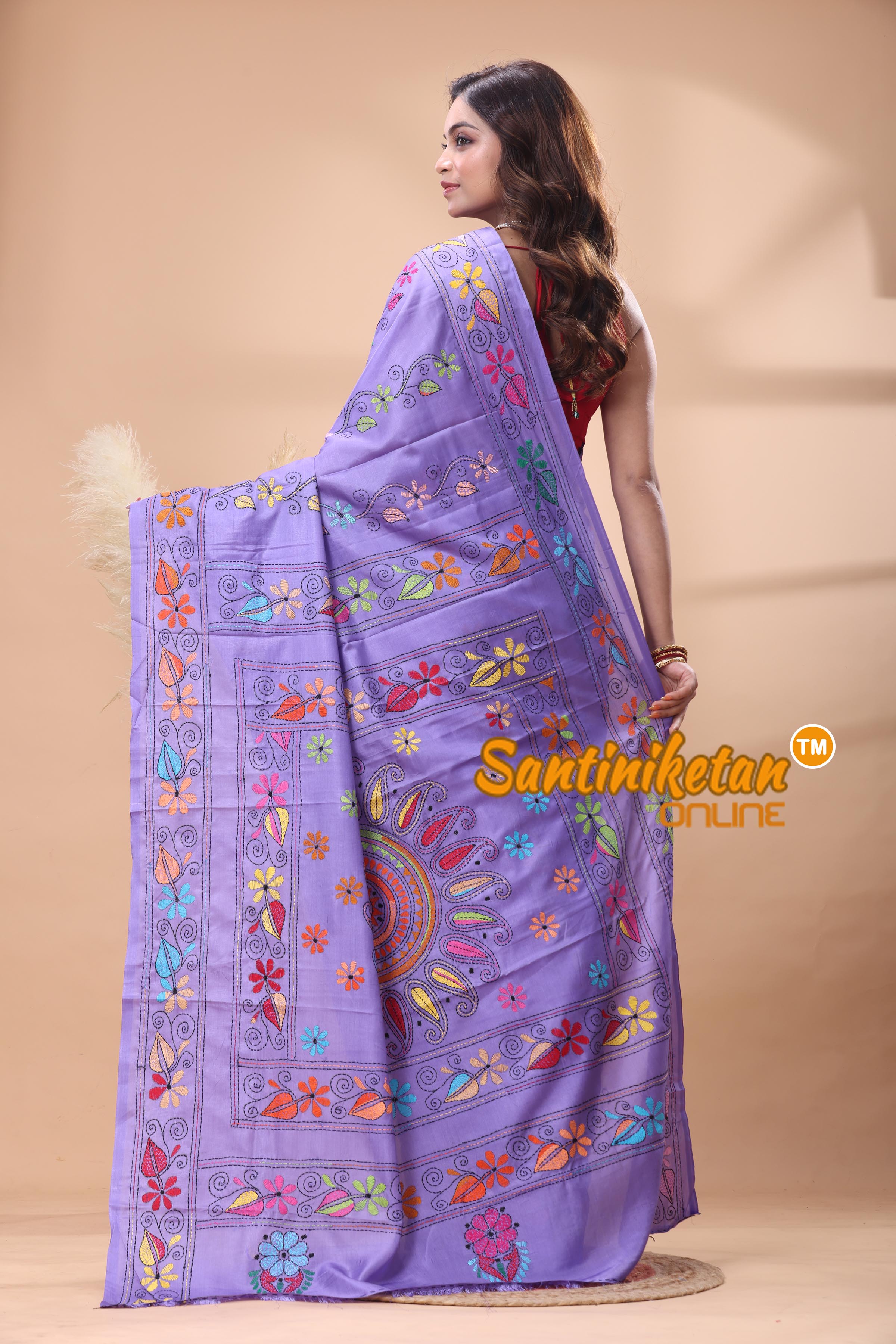 Bangalore Silk Kantha Stitch Saree