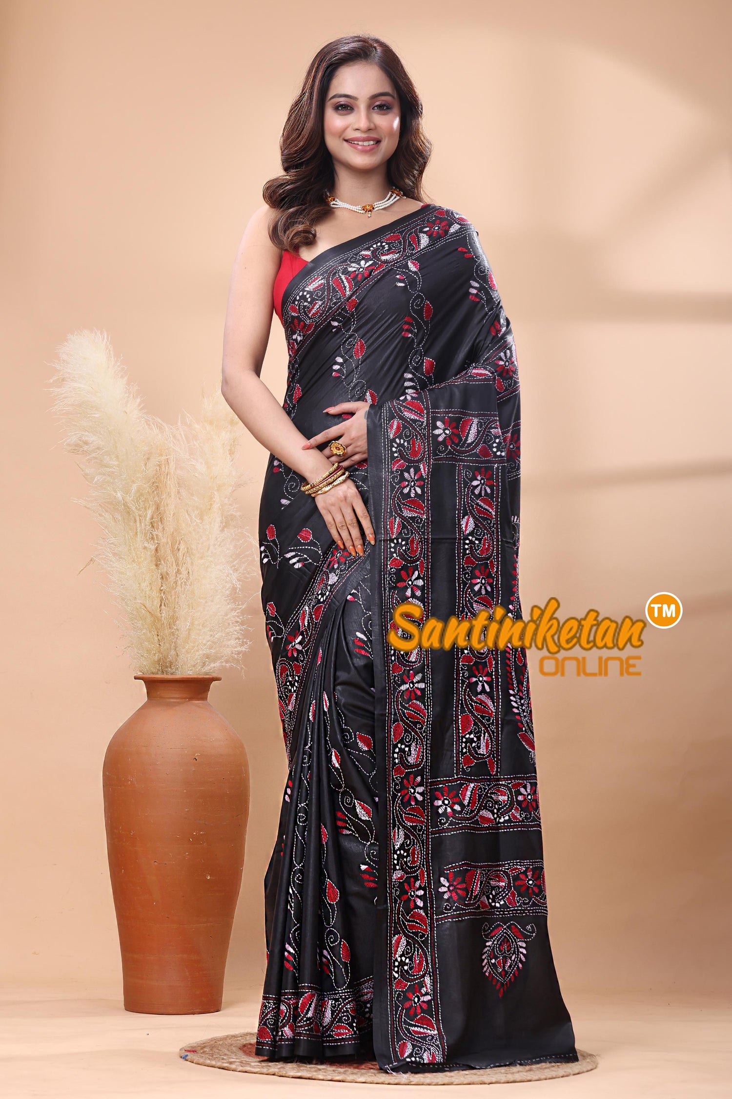 Bangalore Silk Kantha Stitch Saree