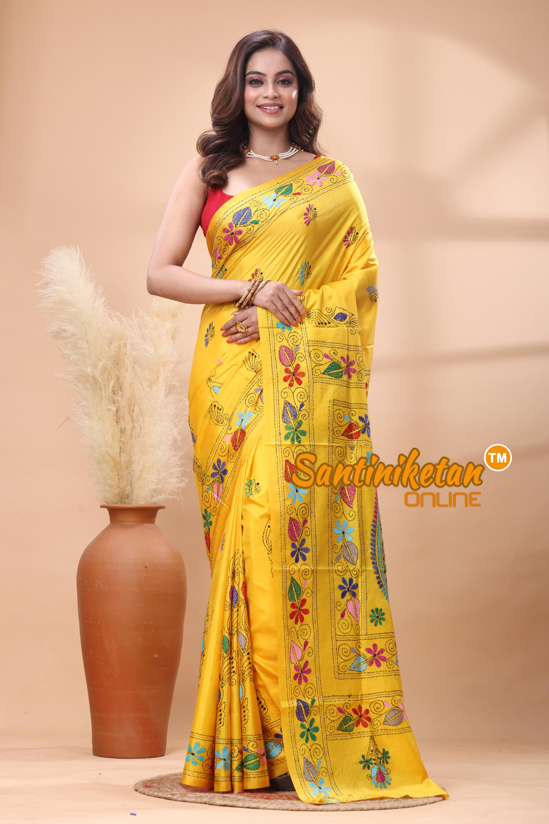 Bangalore Silk Kantha Stitch Saree