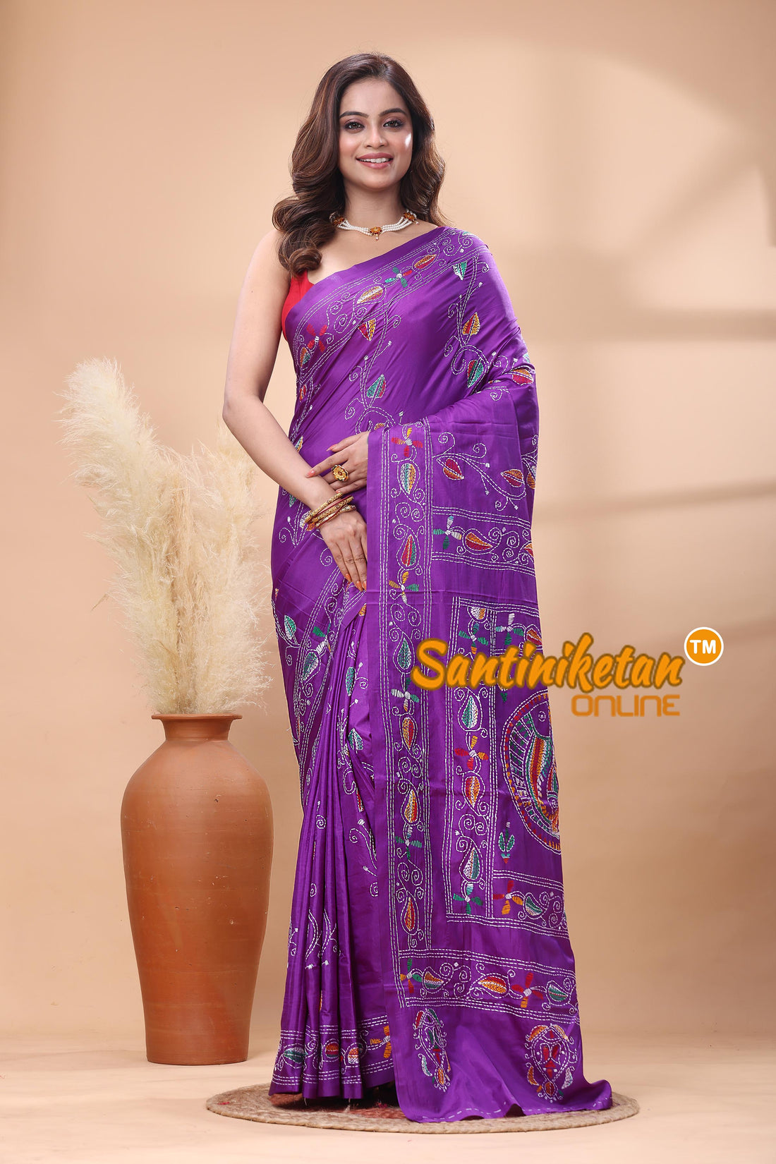 Bangalore Silk Kantha Stitch Saree