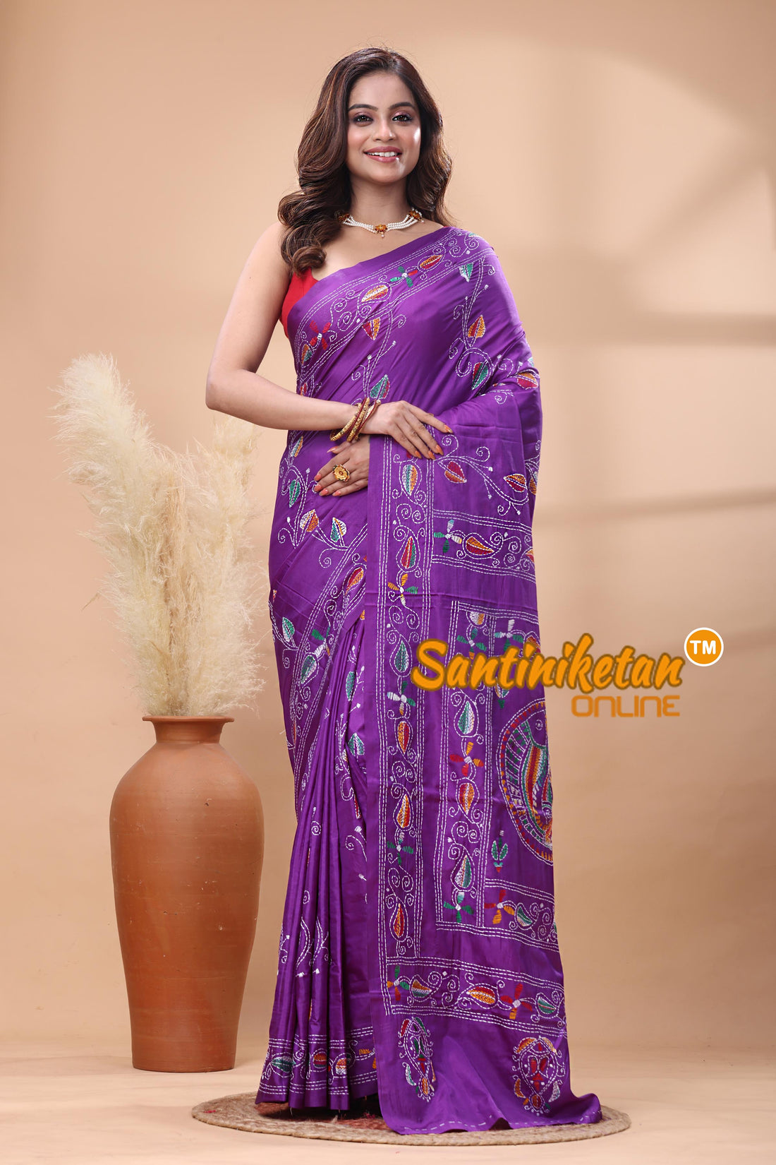 Bangalore Silk Kantha Stitch Saree
