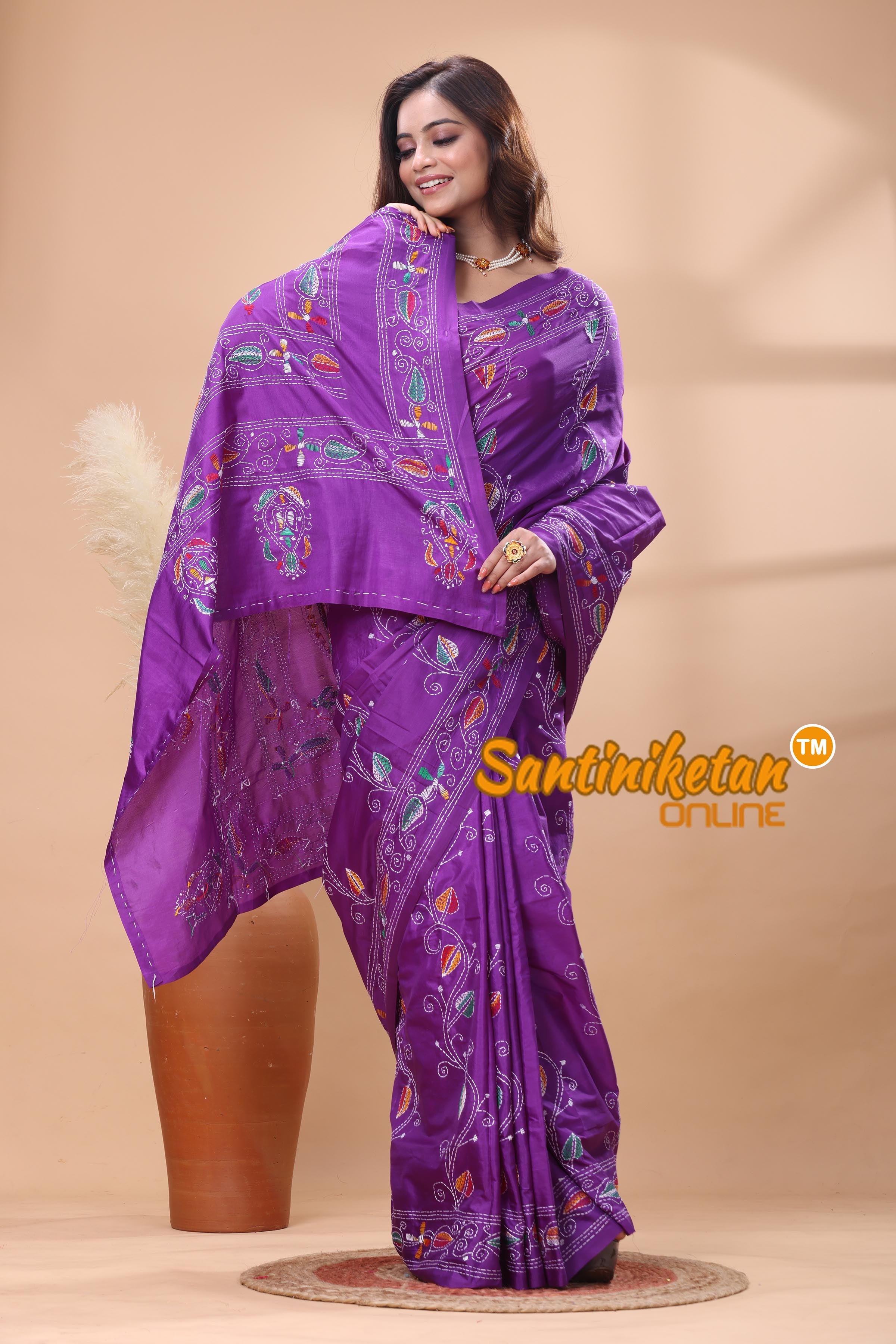Bangalore Silk Kantha Stitch Saree