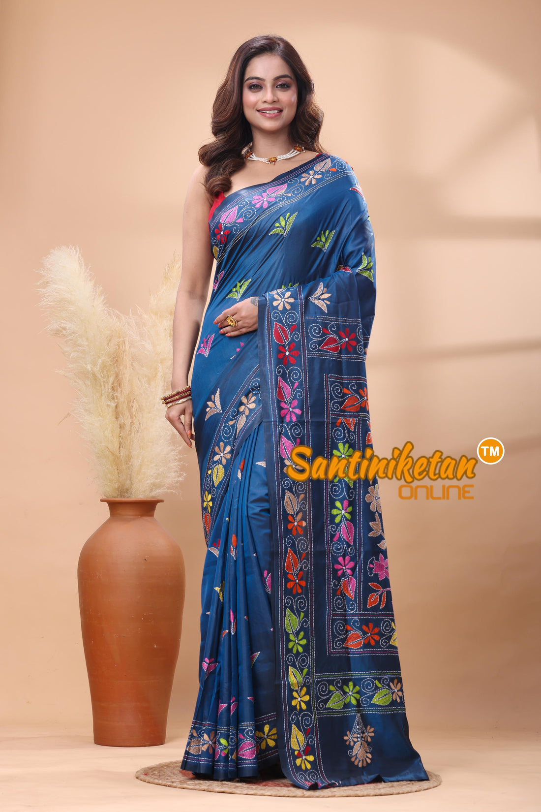 Bangalore Silk Kantha Stitch Saree