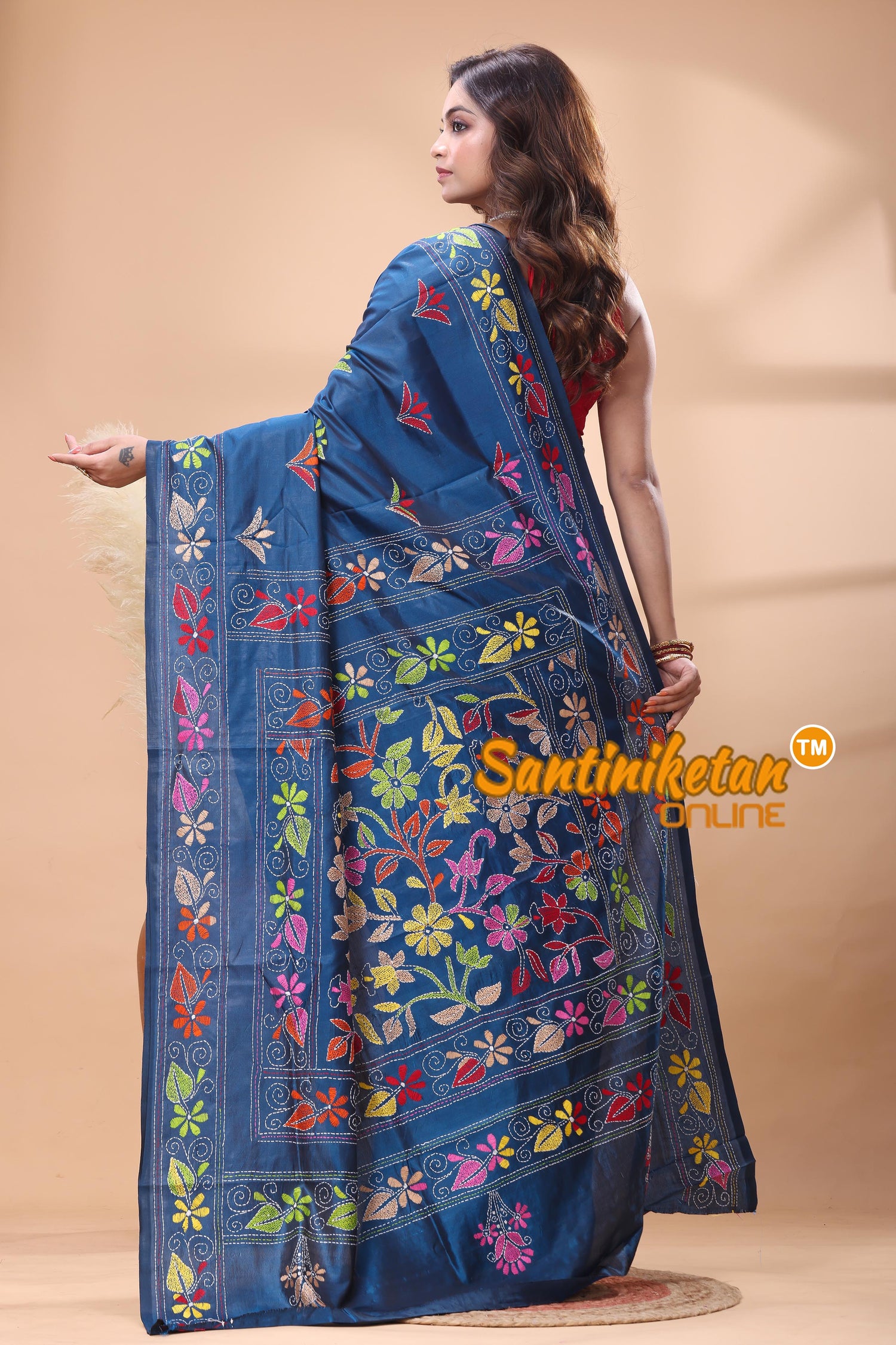 Bangalore Silk Kantha Stitch Saree