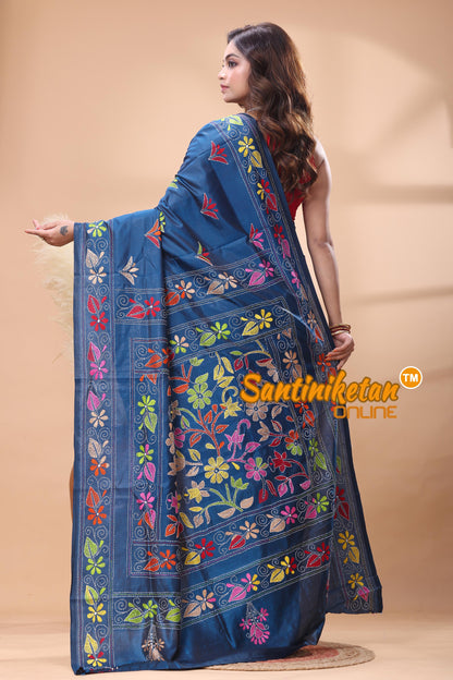 Bangalore Silk Kantha Stitch Saree