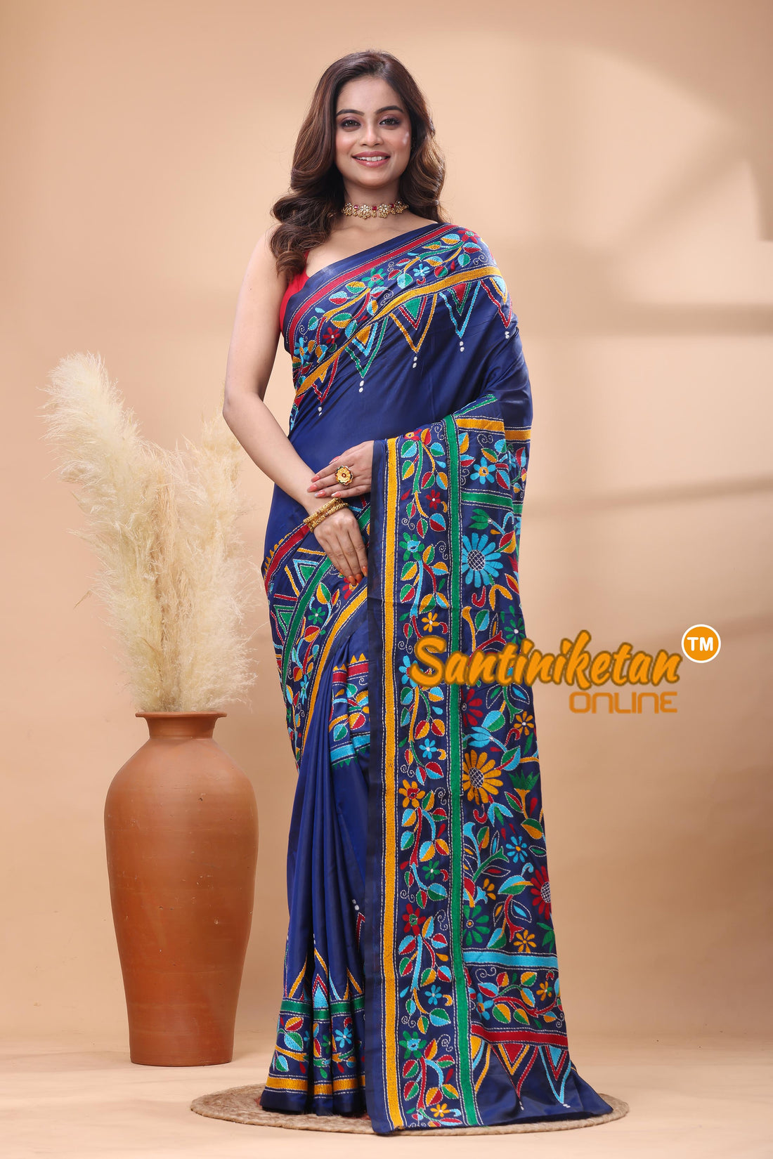 Bangalore Silk Kantha Stitch Saree