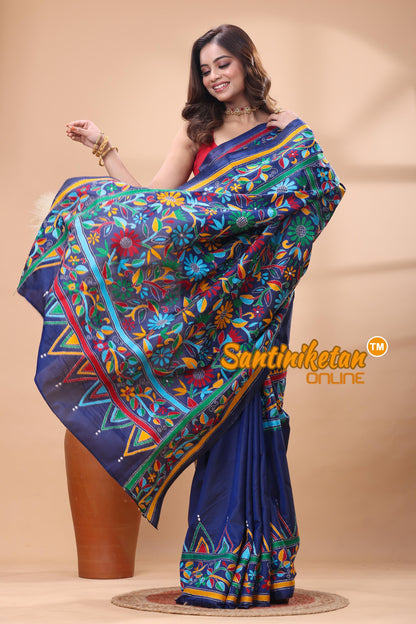 Bangalore Silk Kantha Stitch Saree