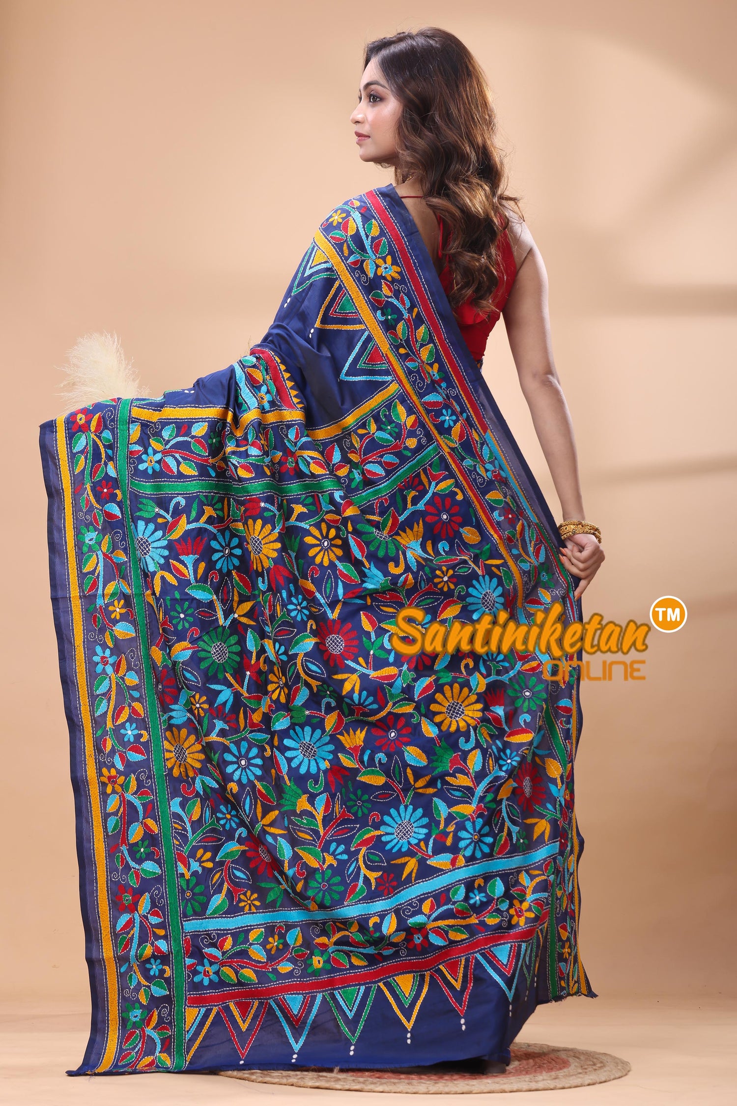Bangalore Silk Kantha Stitch Saree