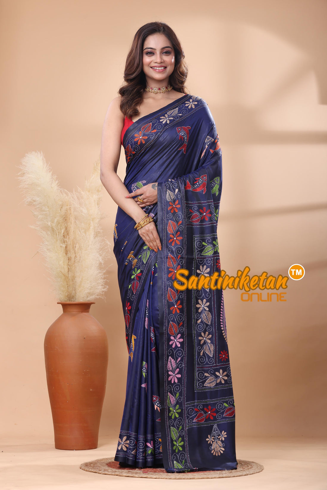 Bangalore Silk Kantha Stitch Saree