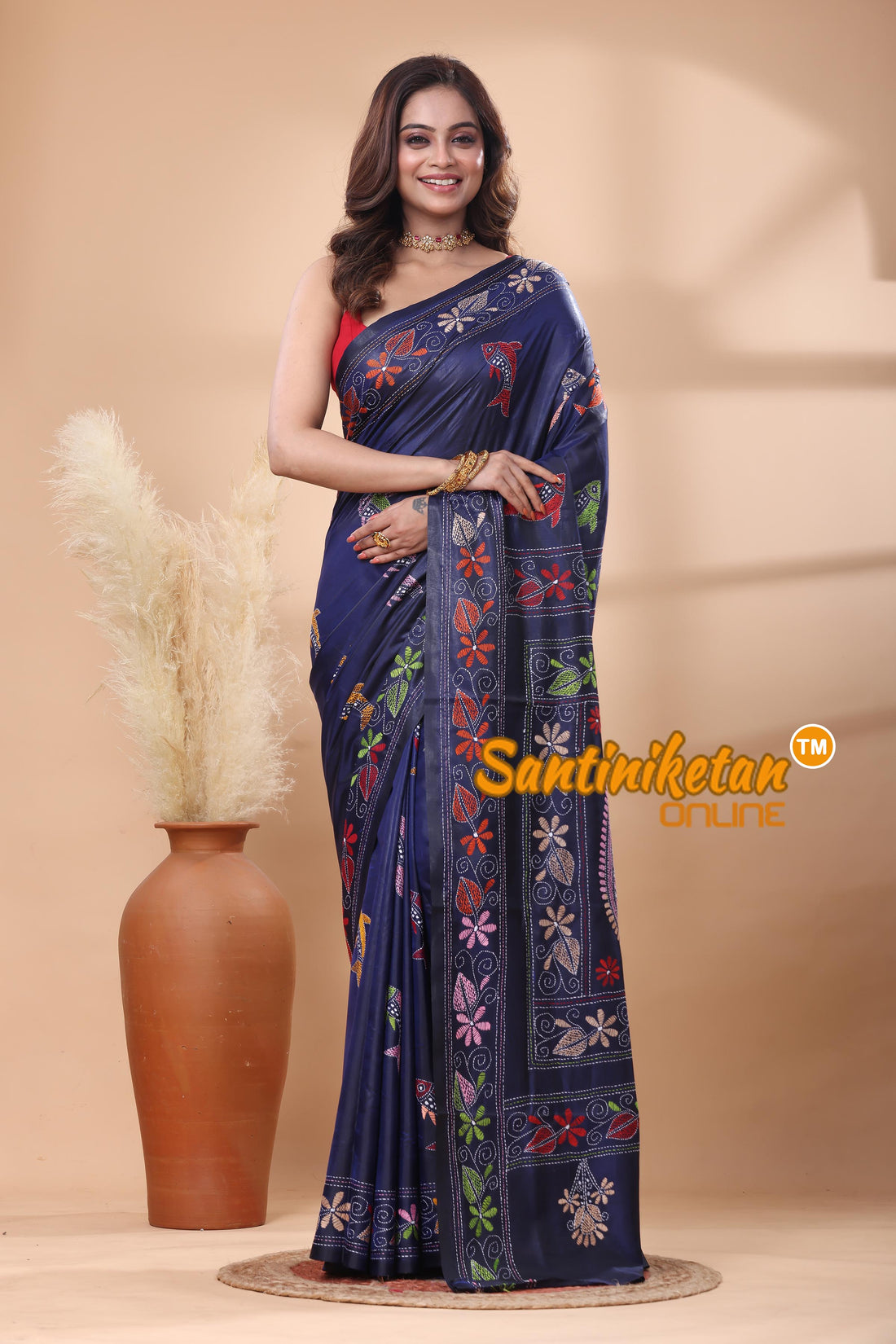 Bangalore Silk Kantha Stitch Saree