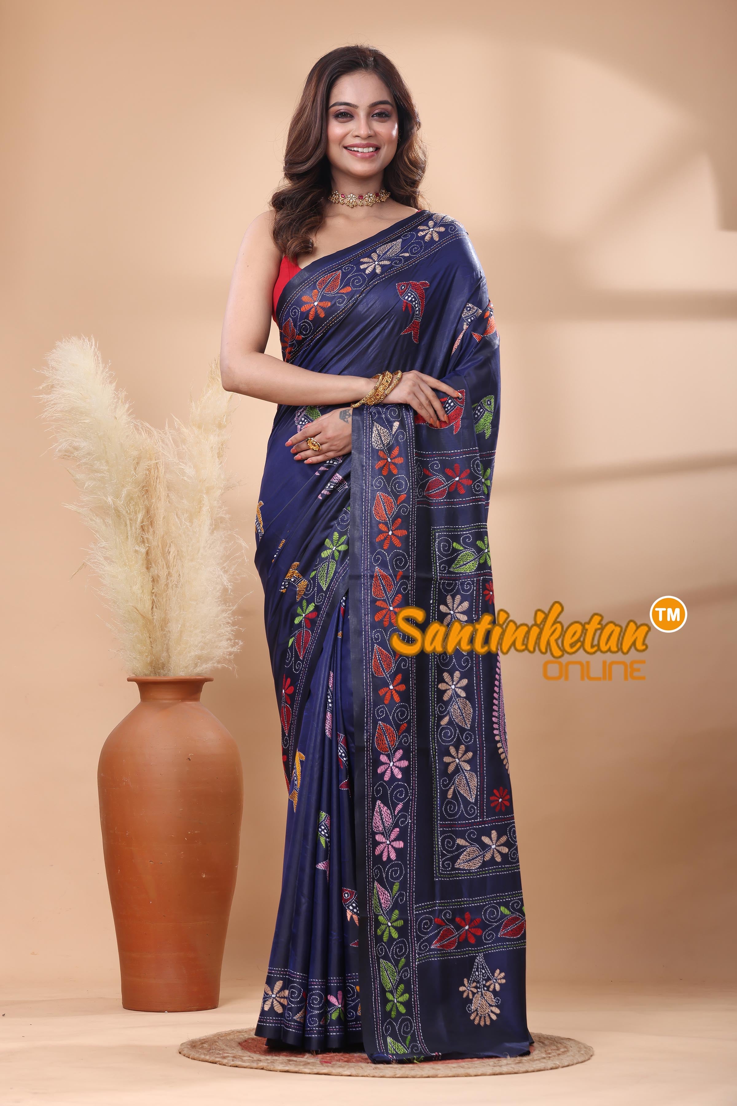 Bangalore Silk Kantha Stitch Saree