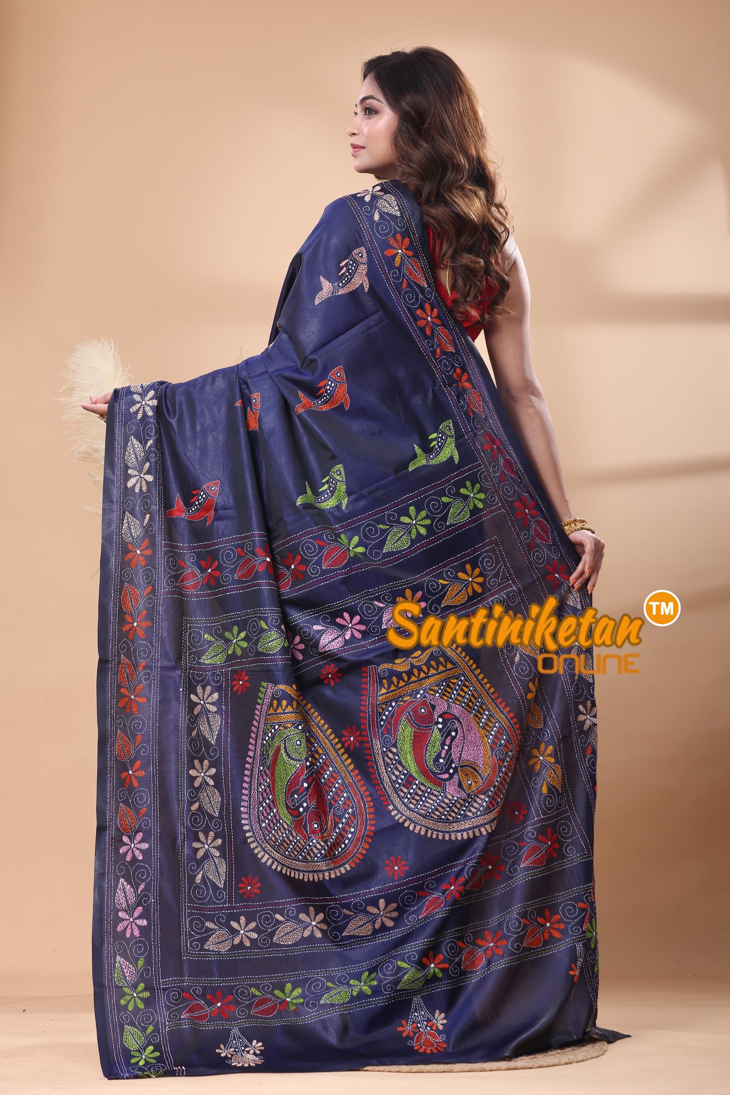 Bangalore Silk Kantha Stitch Saree