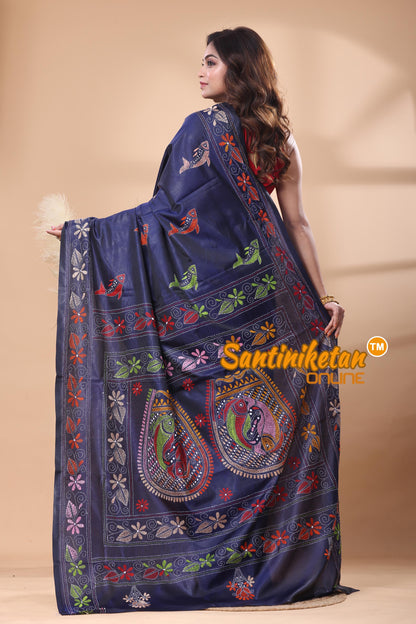 Bangalore Silk Kantha Stitch Saree