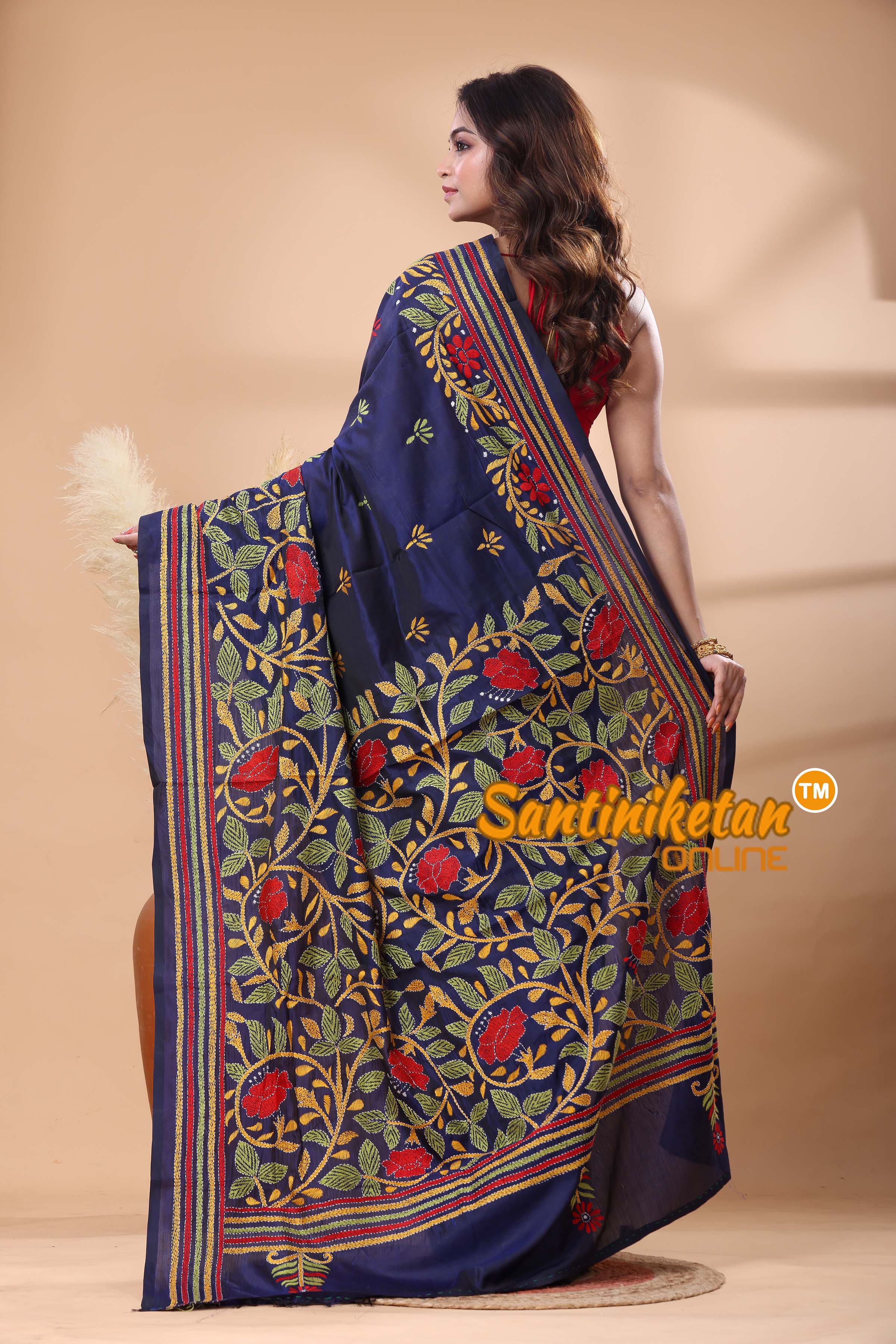 Bangalore Silk Kantha Stitch Saree