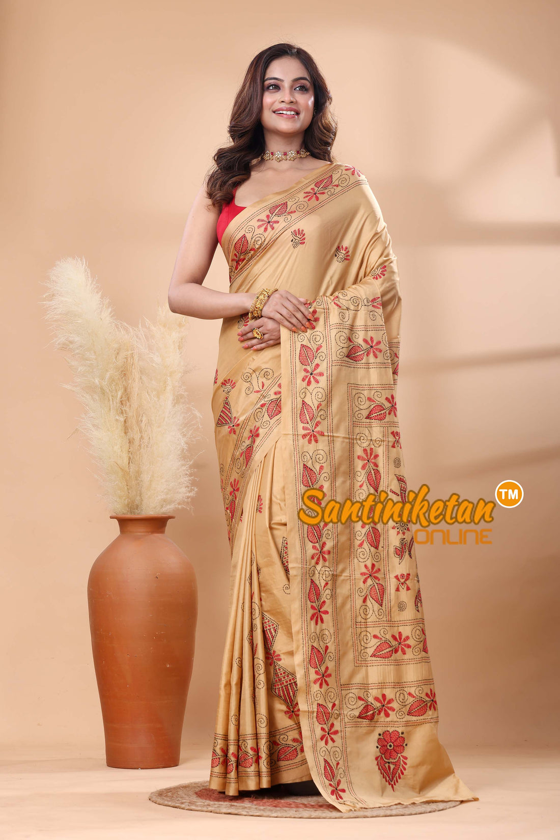 Bangalore Silk Kantha Stitch Saree