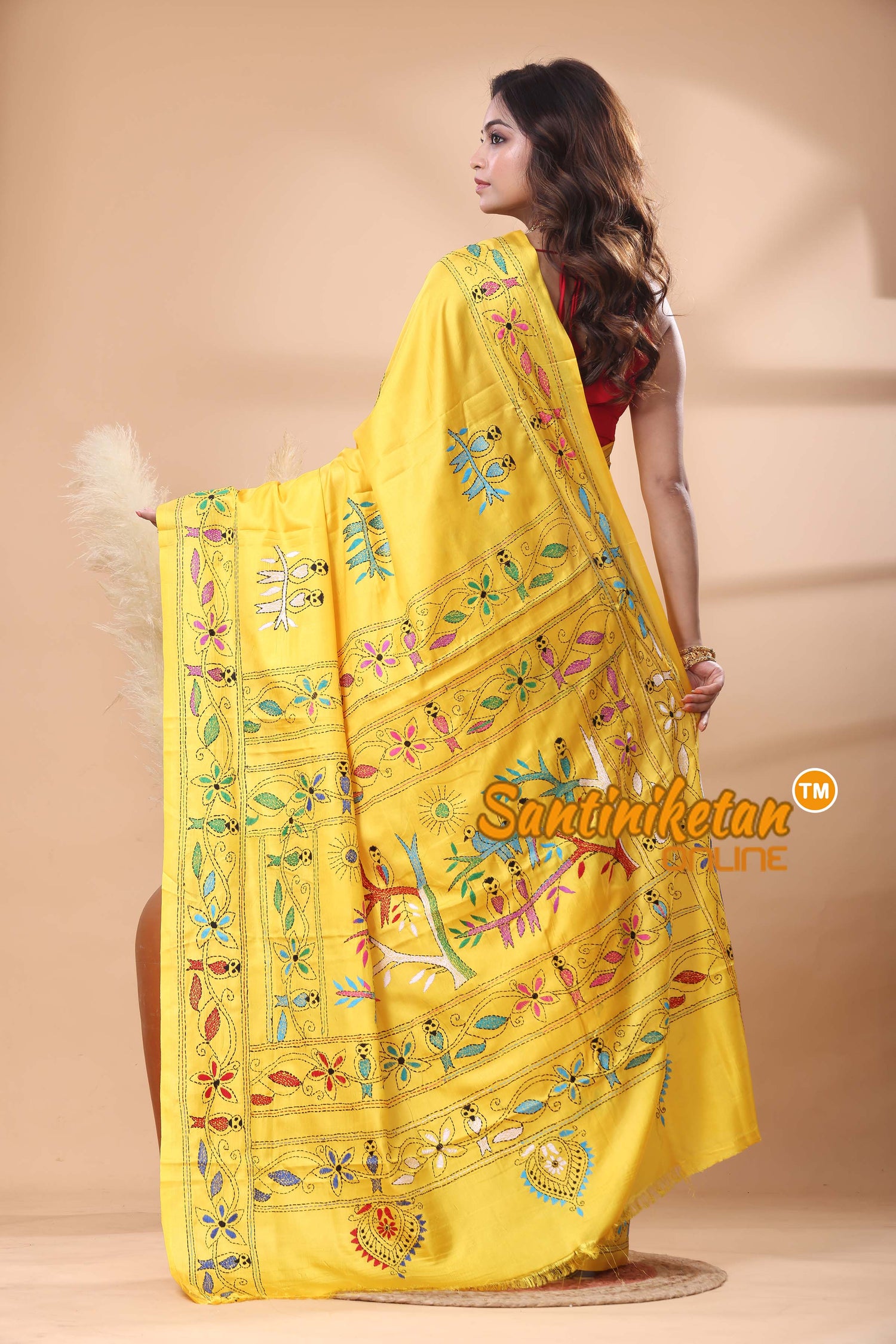 Bangalore Silk Kantha Stitch Saree