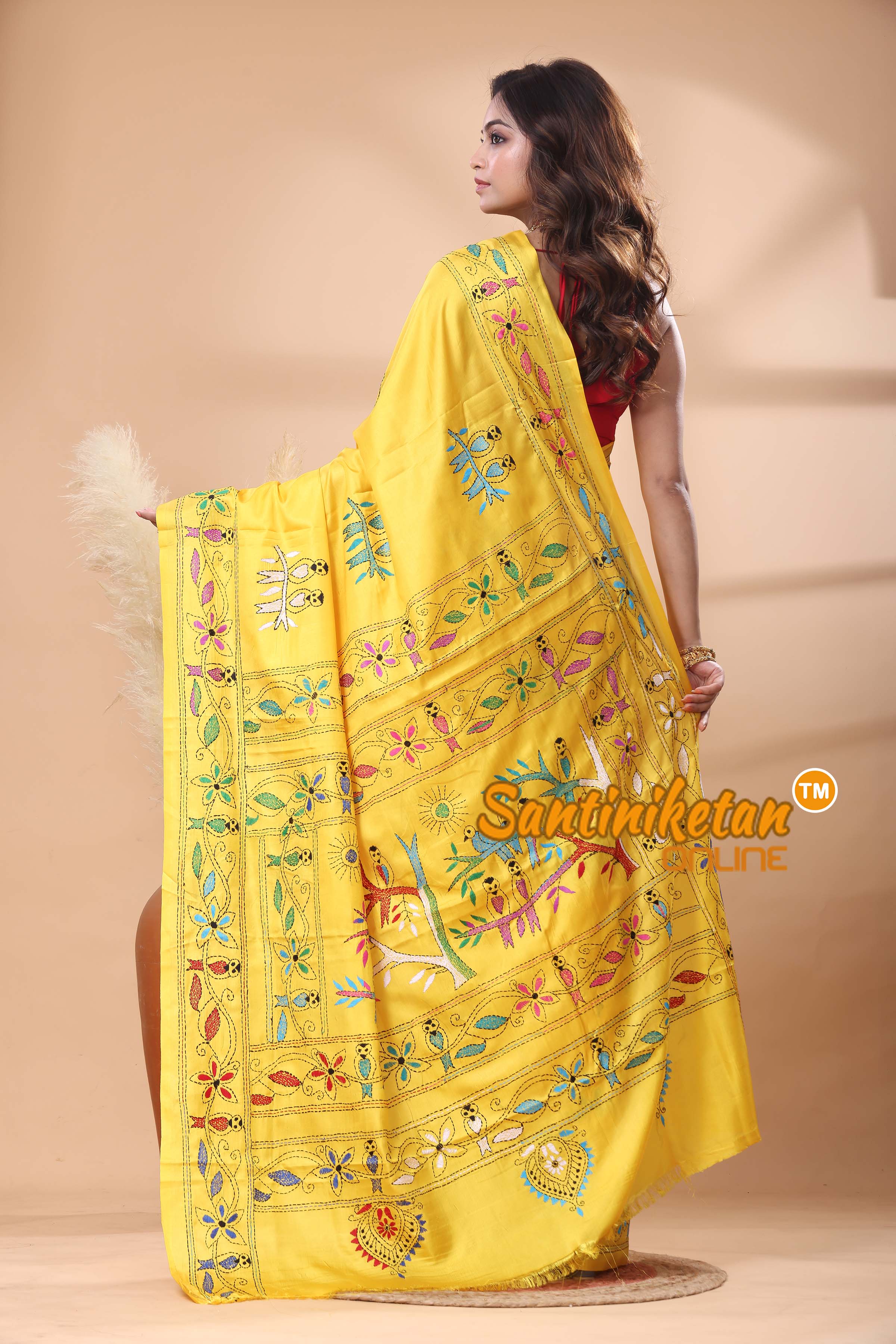 Bangalore Silk Kantha Stitch Saree