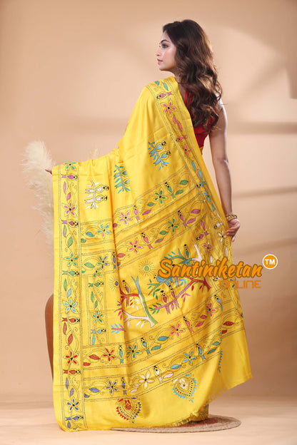 Bangalore Silk Kantha Stitch Saree