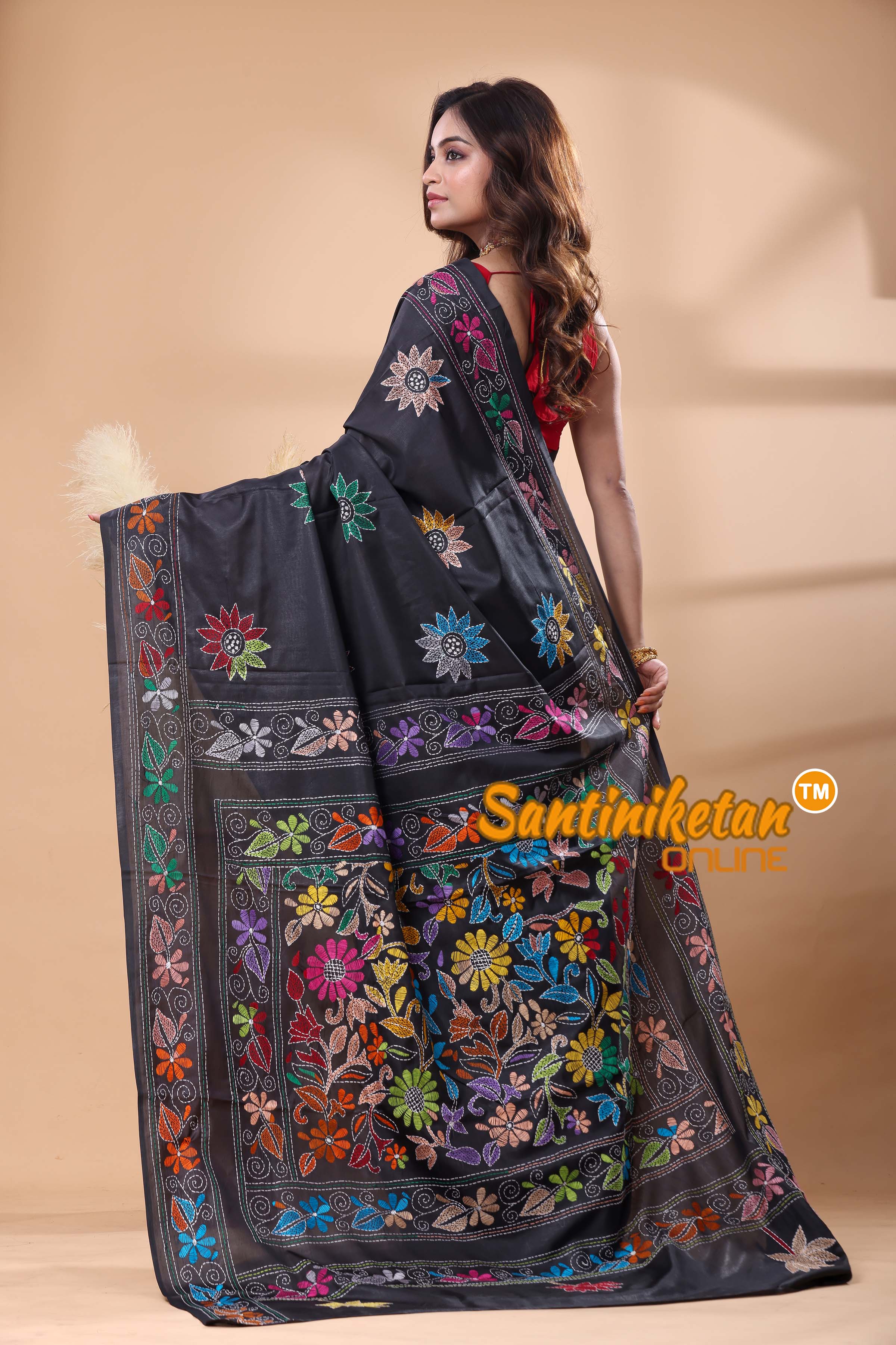Bangalore Silk Kantha Stitch Saree