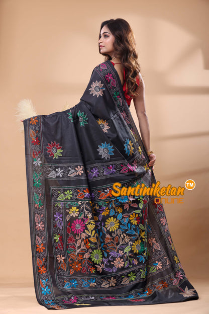 Bangalore Silk Kantha Stitch Saree